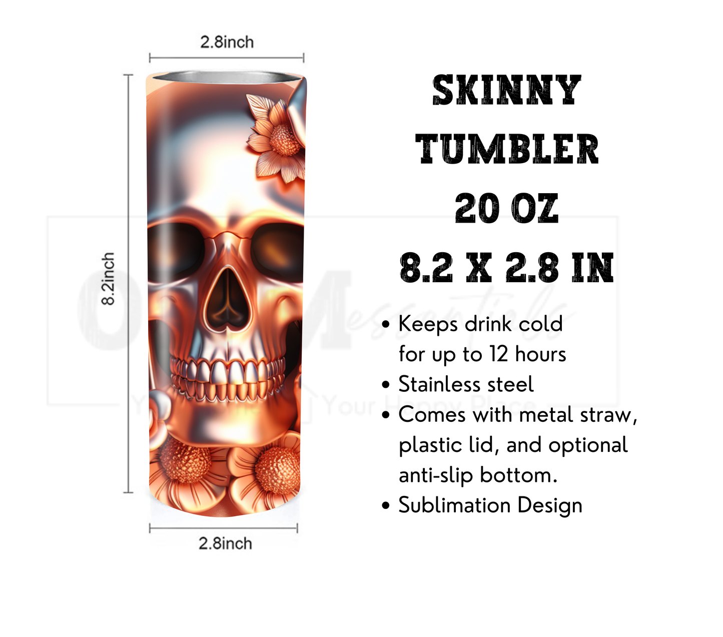 Funny Middle Finger Skull 20 oz Skinny Tumbler with Straw - Stainless Steel, Eco-Friendly, Reusable Metal Straw - Lid Drink Drinkware Water Bottles