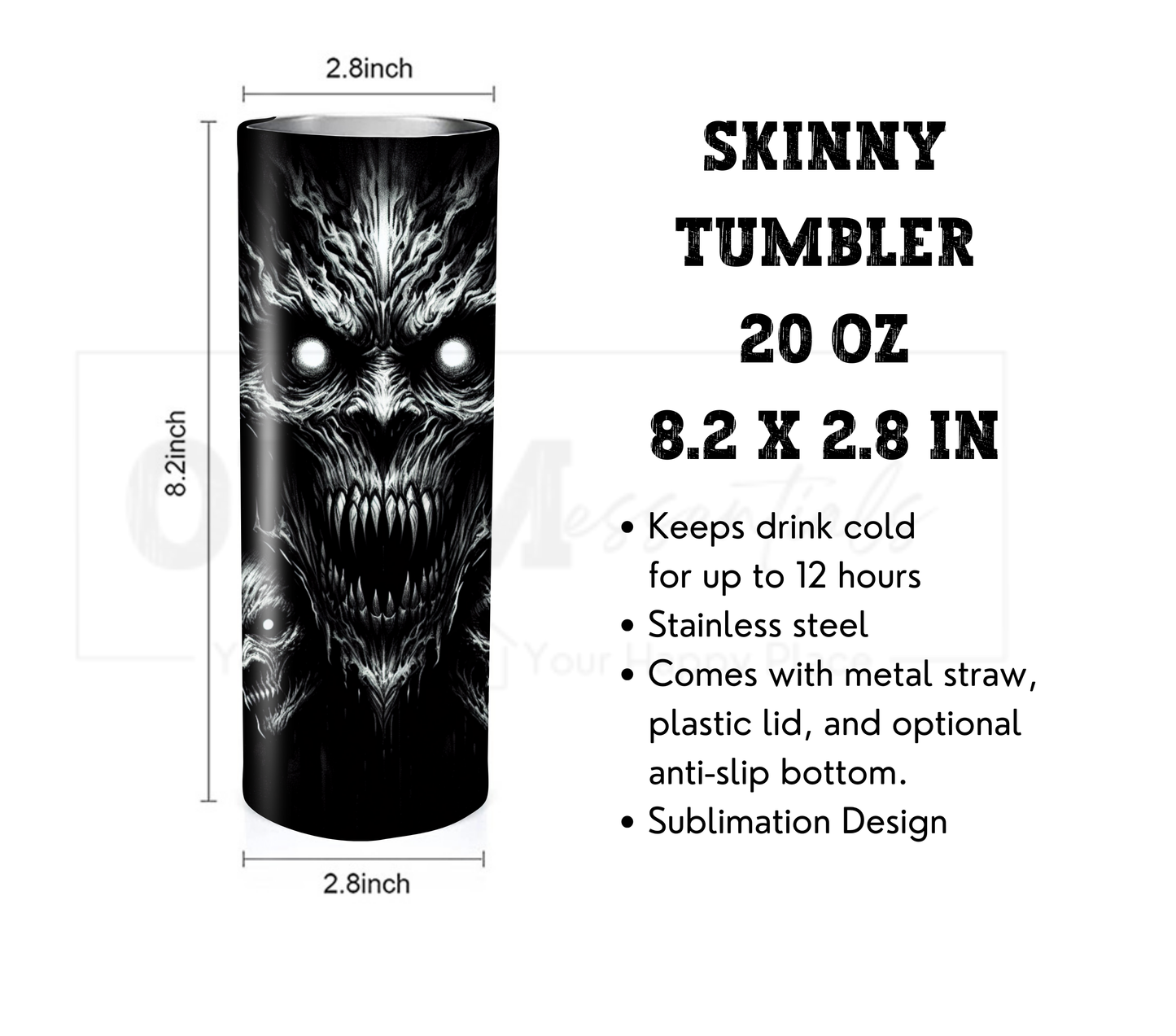 Devil and Demons 20 oz Skinny Tumbler with Straw - Stainless Steel, Eco-Friendly, Reusable Metal Straw - Lid Drink Drinkware Water Bottles