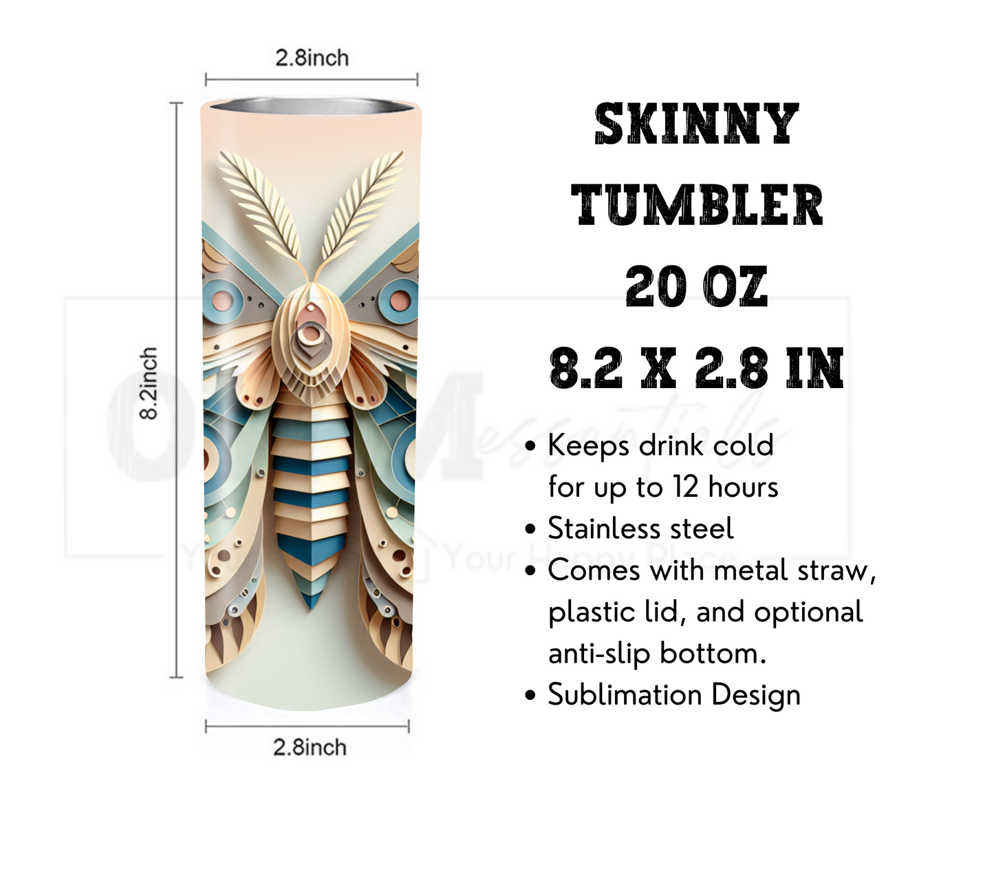 Paper Art Style Moth 20 oz Skinny Tumbler with Straw - Stainless Steel, Eco-Friendly, Reusable Metal Straw - Lid Drink Drinkware Water Bottles