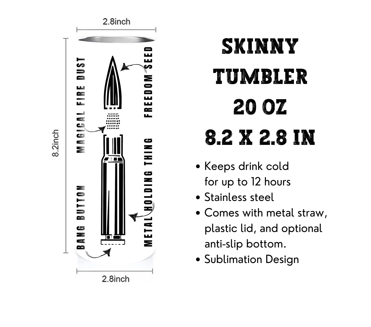 Anatomy of a Pew 20 oz Skinny Tumbler with Straw - Stainless Steel, Eco-Friendly, Reusable Metal Straw - Lid Drink Drinkware Water Bottles