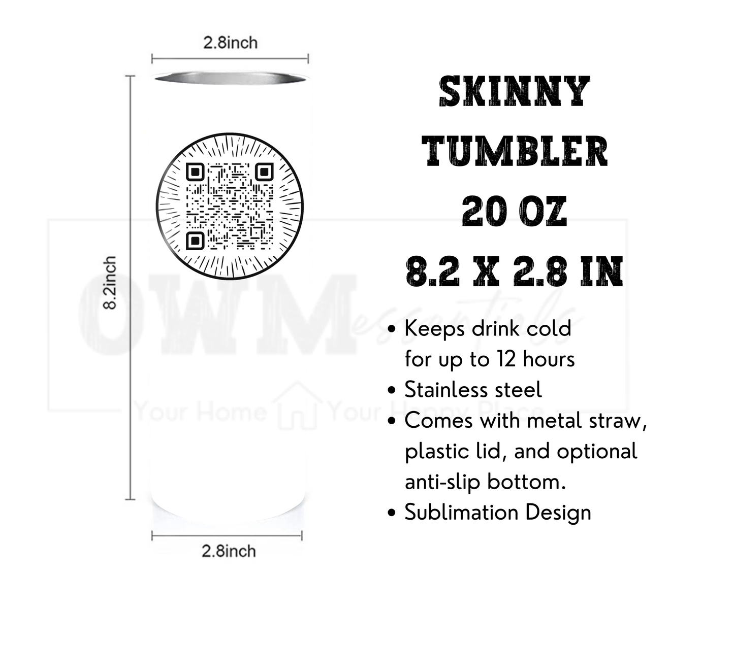 Inspirational QR Code with SCAN ME Tumbler - 20 oz Skinny Tumbler with Straw - Stainless Steel, Eco-Friendly, Reusable Metal Straw - Lid Drink Drinkware Water Bottles