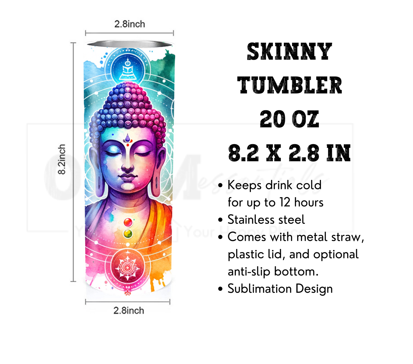 Buddha with Chakras 20 oz Skinny Tumbler with Straw - Stainless Steel, Eco-Friendly, Reusable Metal Straw - Lid Drink Drinkware Water Bottles