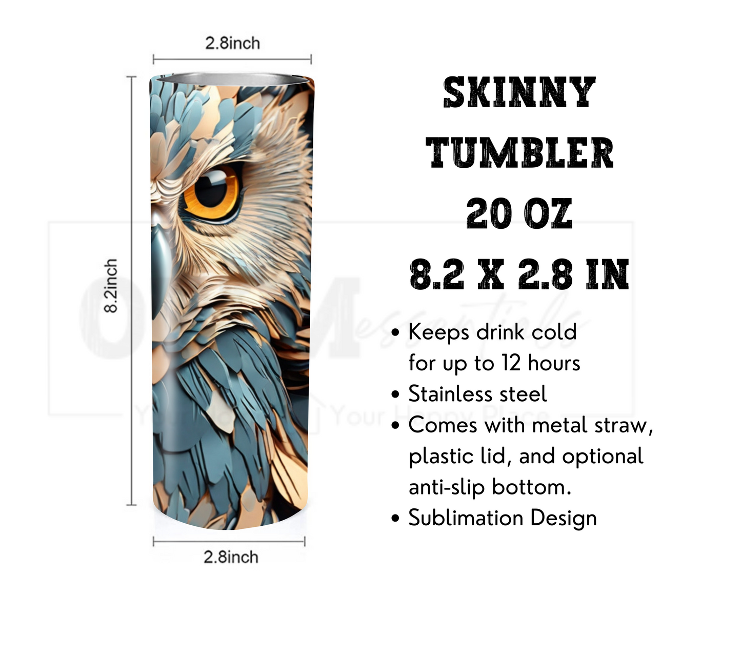 Owl 20 oz Skinny Tumbler with Straw - Stainless Steel, Eco-Friendly, Reusable Metal Straw - Lid Drink Drinkware Water Bottles