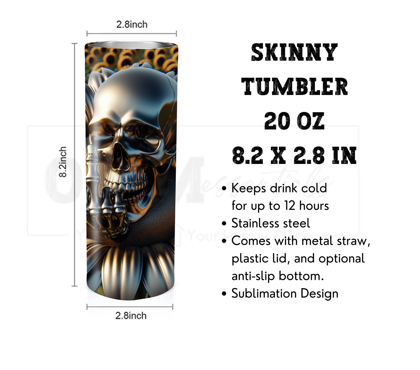 Funny Middle Finger Skull 20 oz Skinny Tumbler with Straw - Stainless Steel, Eco-Friendly, Reusable Metal Straw - Lid Drink Drinkware Water Bottles