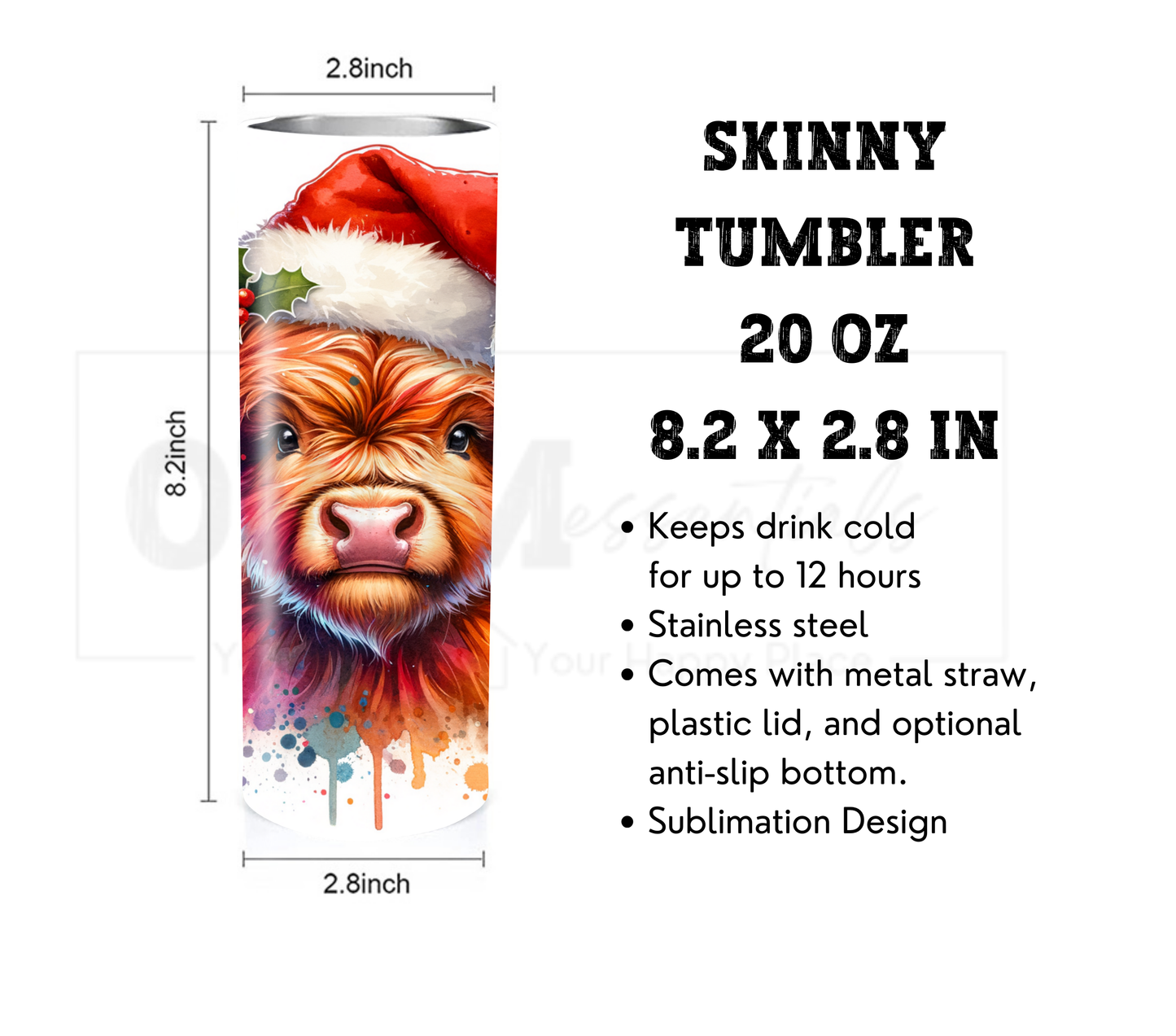 Highland Cow - Christmas 20 oz Skinny Tumbler with Straw - Stainless Steel, Eco-Friendly, Reusable Metal Straw - Lid Drink Drinkware Water Bottles