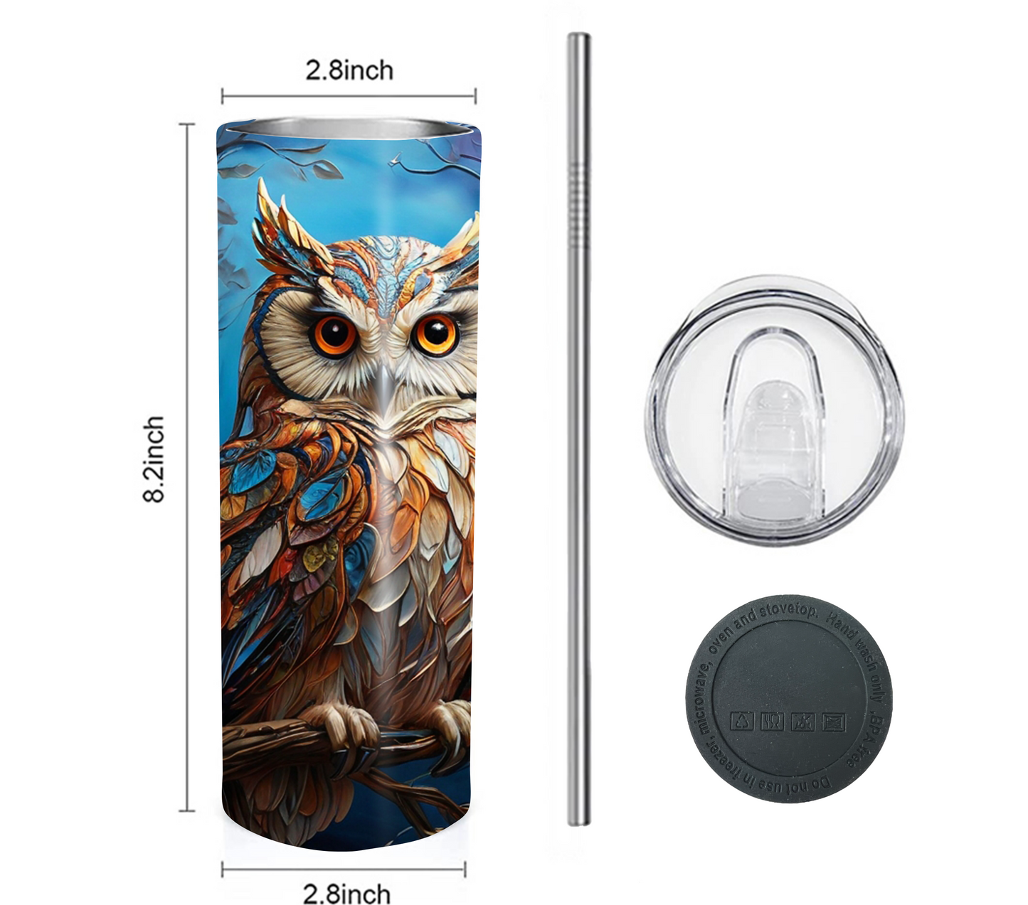 Owl 20 oz Skinny Tumbler with Straw - Stainless Steel, Eco-Friendly, Reusable Metal Straw - Lid Drink Drinkware Water Bottles