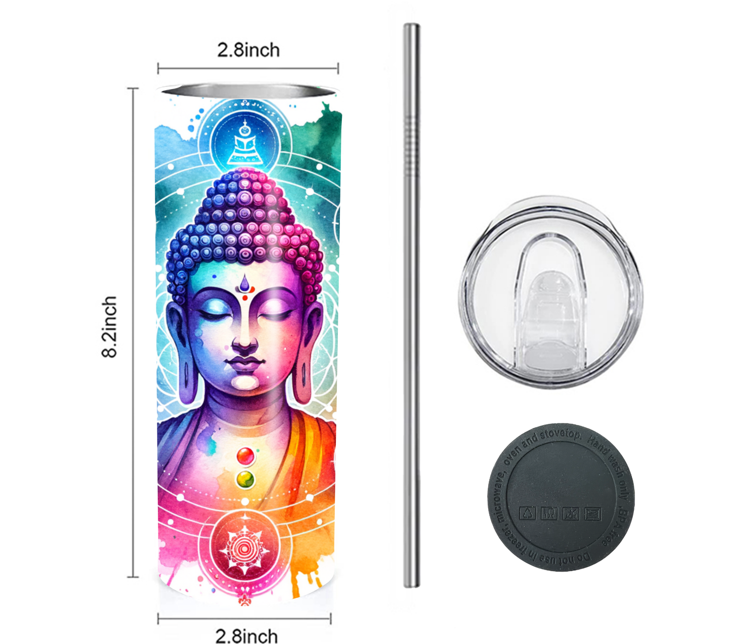 Buddha with Chakras 20 oz Skinny Tumbler with Straw - Stainless Steel, Eco-Friendly, Reusable Metal Straw - Lid Drink Drinkware Water Bottles