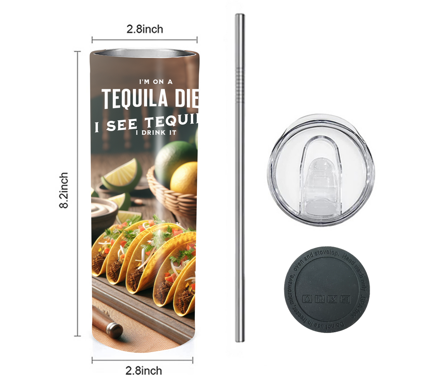 Tacos & Tequila 20 oz Skinny Tumbler with Straw - Stainless Steel, Eco-Friendly, Reusable Metal Straw - Lid Drink Drinkware Water Bottles