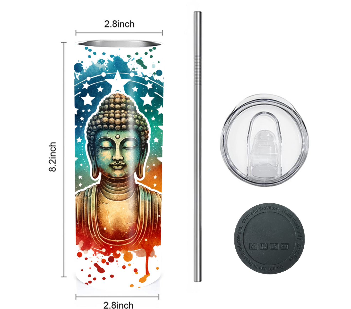 Buddha with Stars 20 oz Skinny Tumbler with Straw - Stainless Steel, Eco-Friendly, Reusable Metal Straw - Lid Drink Drinkware Water Bottles