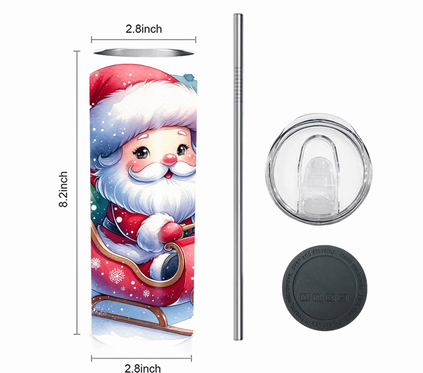 Santa with Sleigh - Christmas 20 oz Skinny Tumbler with Straw - Stainless Steel, Eco-Friendly, Reusable Metal Straw - Lid Drink Drinkware Water Bottles