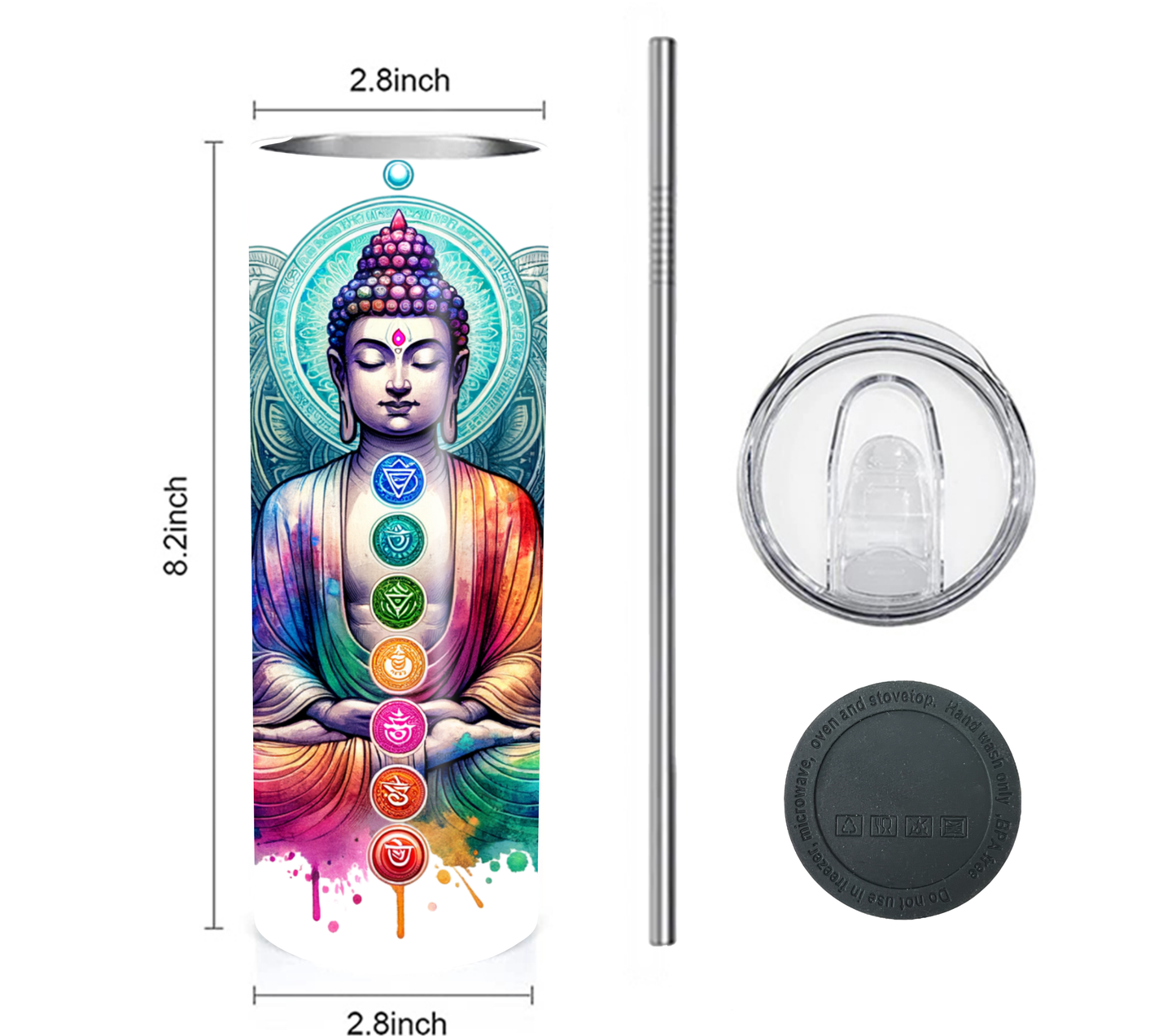 Buddha with Chakras 20 oz Skinny Tumbler with Straw - Stainless Steel, Eco-Friendly, Reusable Metal Straw - Lid Drink Drinkware Water Bottles