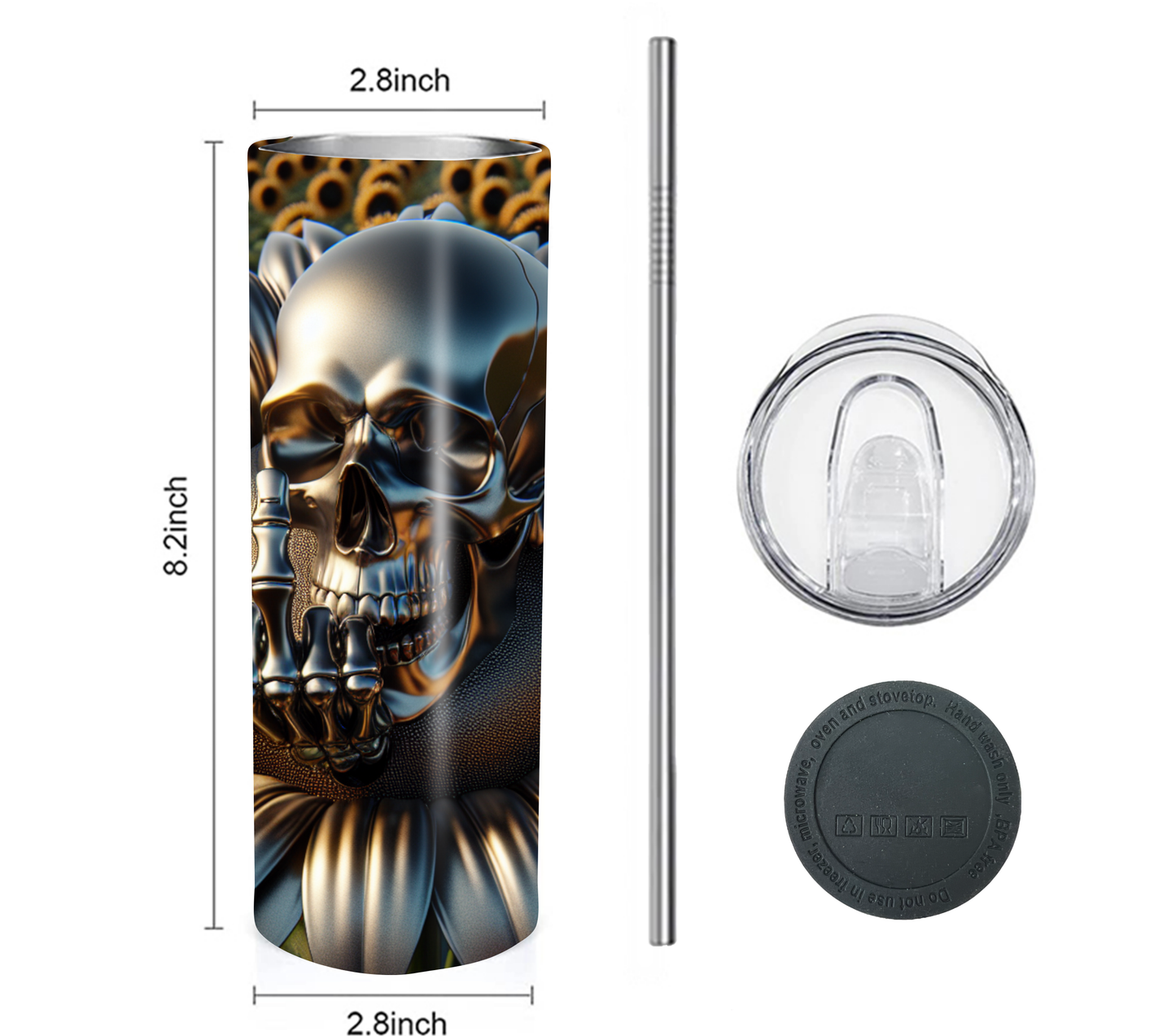 Funny Middle Finger Skull 20 oz Skinny Tumbler with Straw - Stainless Steel, Eco-Friendly, Reusable Metal Straw - Lid Drink Drinkware Water Bottles