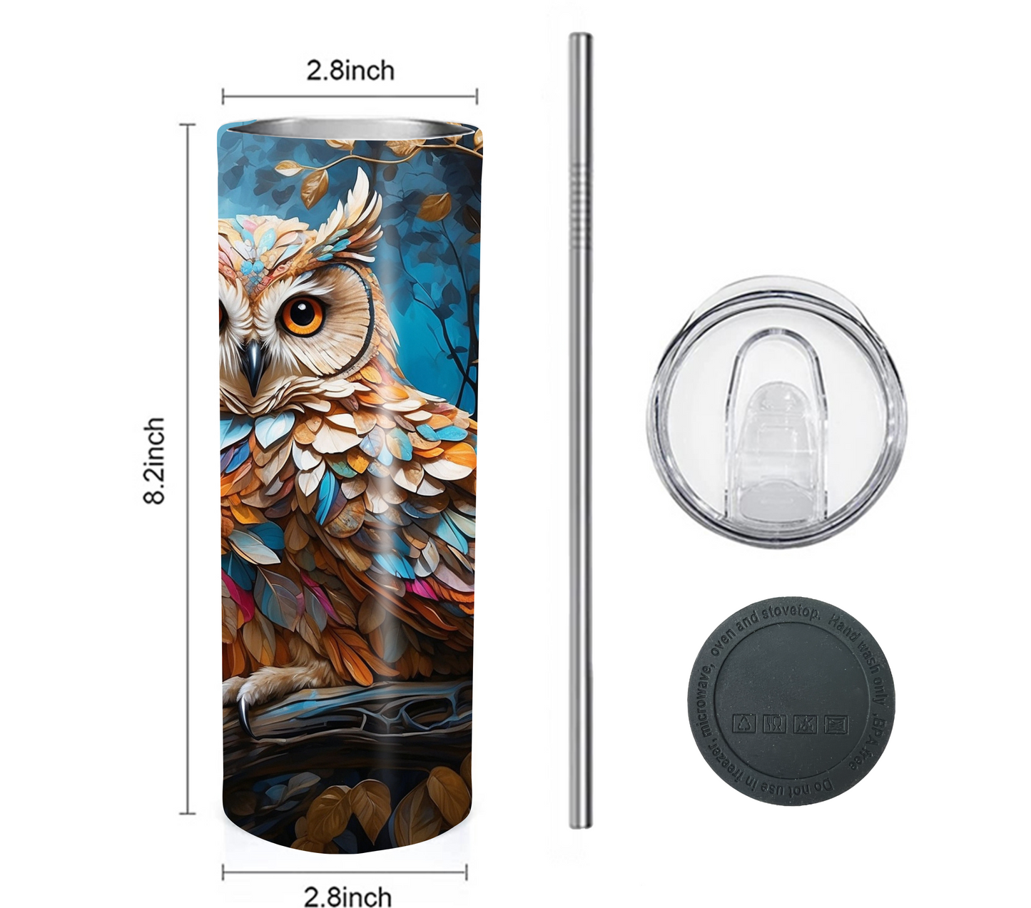 Owl 20 oz Skinny Tumbler with Straw - Stainless Steel, Eco-Friendly, Reusable Metal Straw - Lid Drink Drinkware Water Bottles