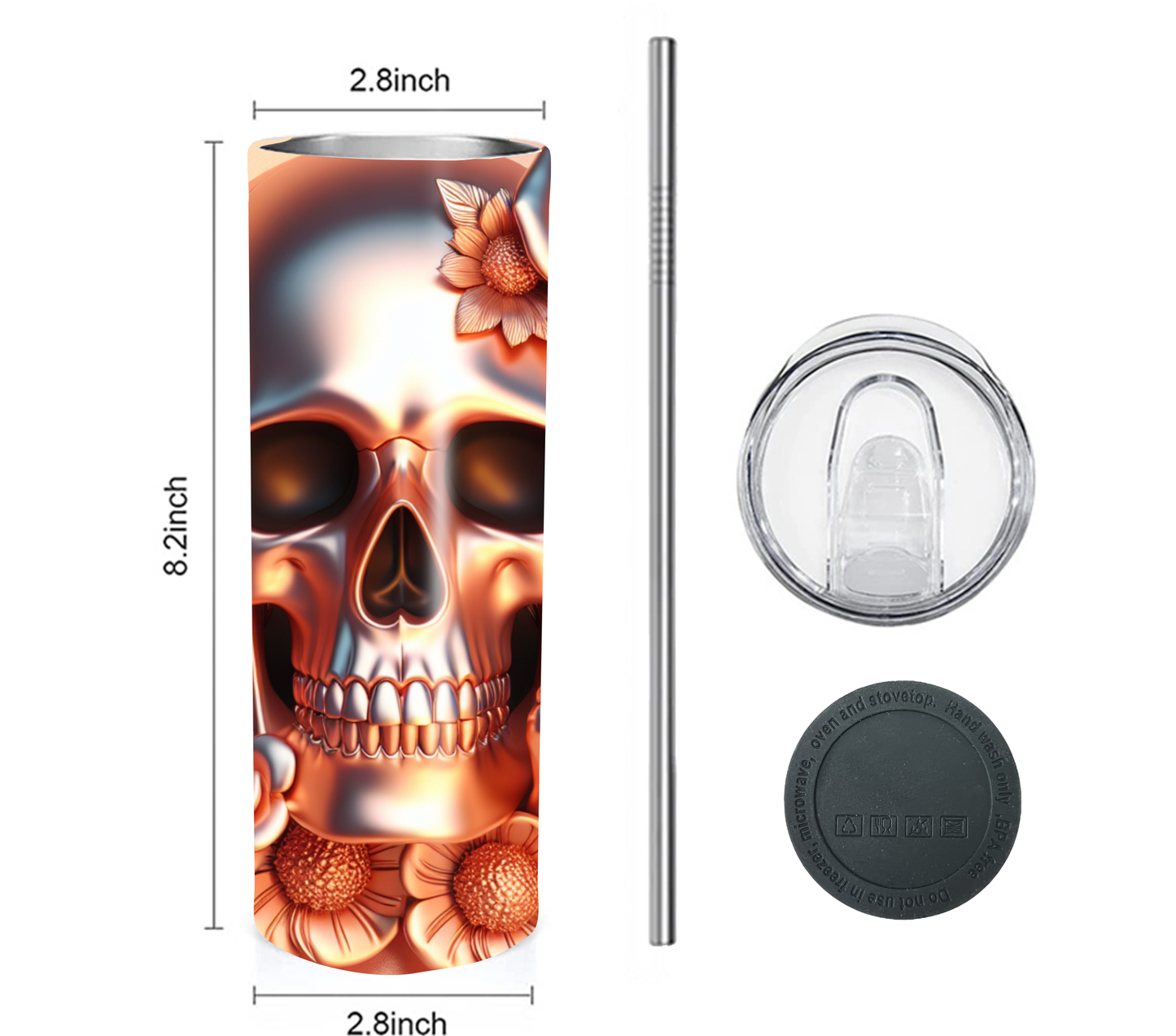 Funny Middle Finger Skull 20 oz Skinny Tumbler with Straw - Stainless Steel, Eco-Friendly, Reusable Metal Straw - Lid Drink Drinkware Water Bottles