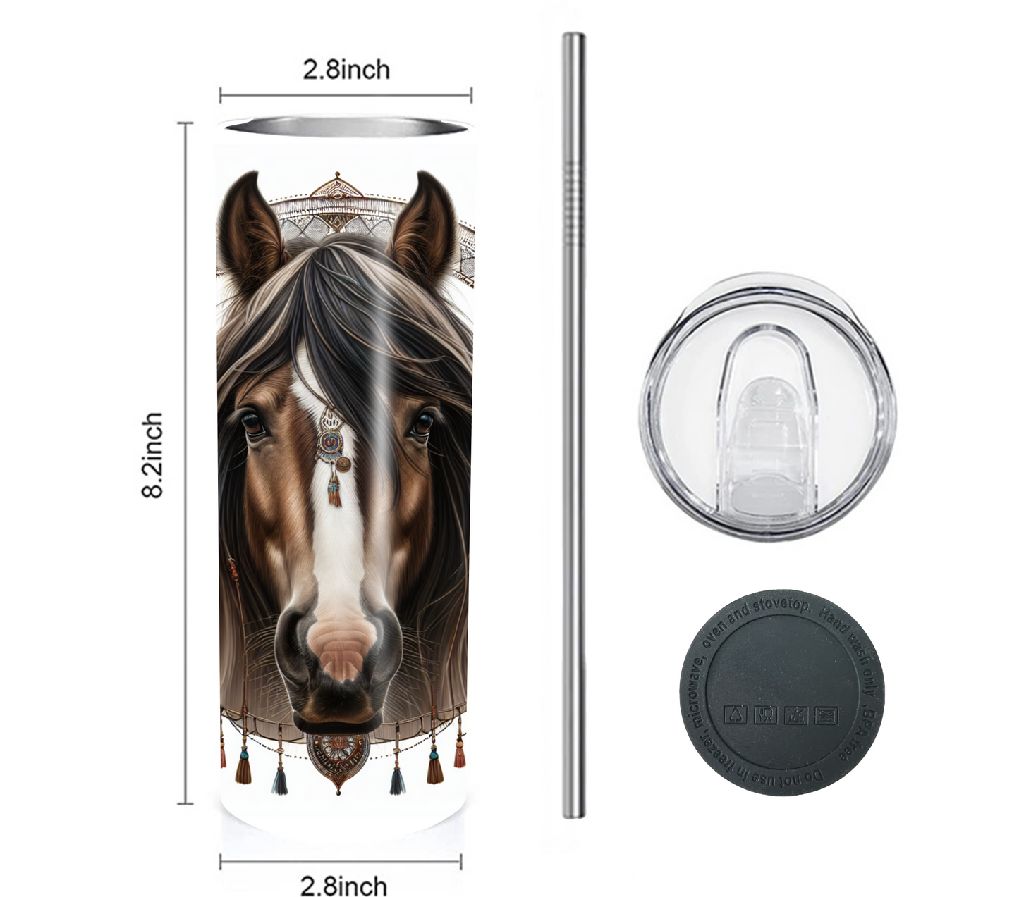 Boho Horse 20 oz Skinny Tumbler with Straw - Stainless Steel, Eco-Friendly, Reusable Metal Straw - Lid Drink Drinkware Water Bottles