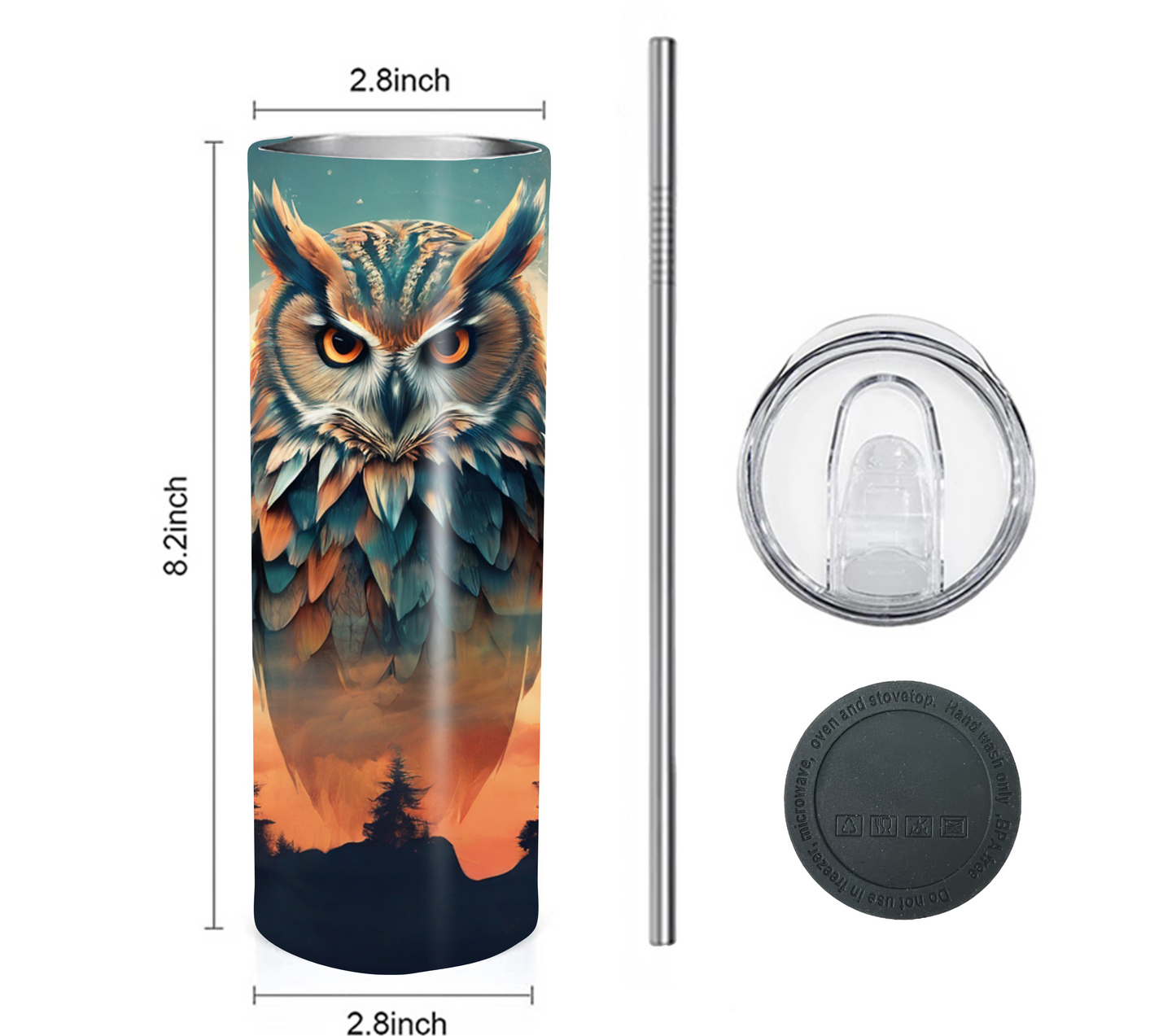 Owl 20 oz Skinny Tumbler with Straw - Stainless Steel, Eco-Friendly, Reusable Metal Straw - Lid Drink Drinkware Water Bottles