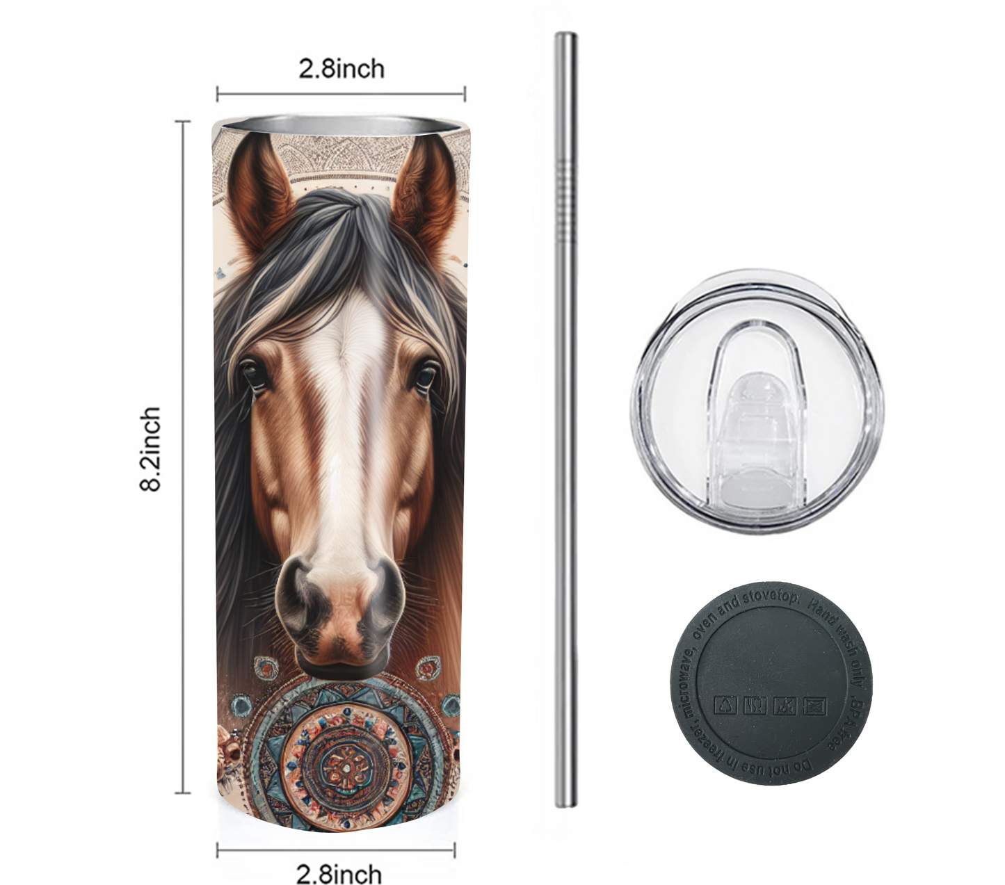 Boho Horse 20 oz Skinny Tumbler with Straw - Stainless Steel, Eco-Friendly, Reusable Metal Straw - Lid Drink Drinkware Water Bottles