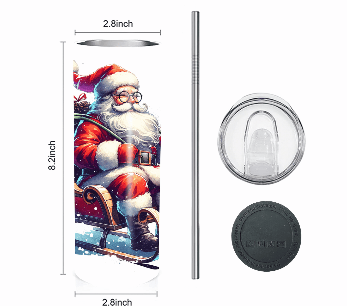 Santa with Sleigh - Christmas 20 oz Skinny Tumbler with Straw - Stainless Steel, Eco-Friendly, Reusable Metal Straw - Lid Drink Drinkware Water Bottles