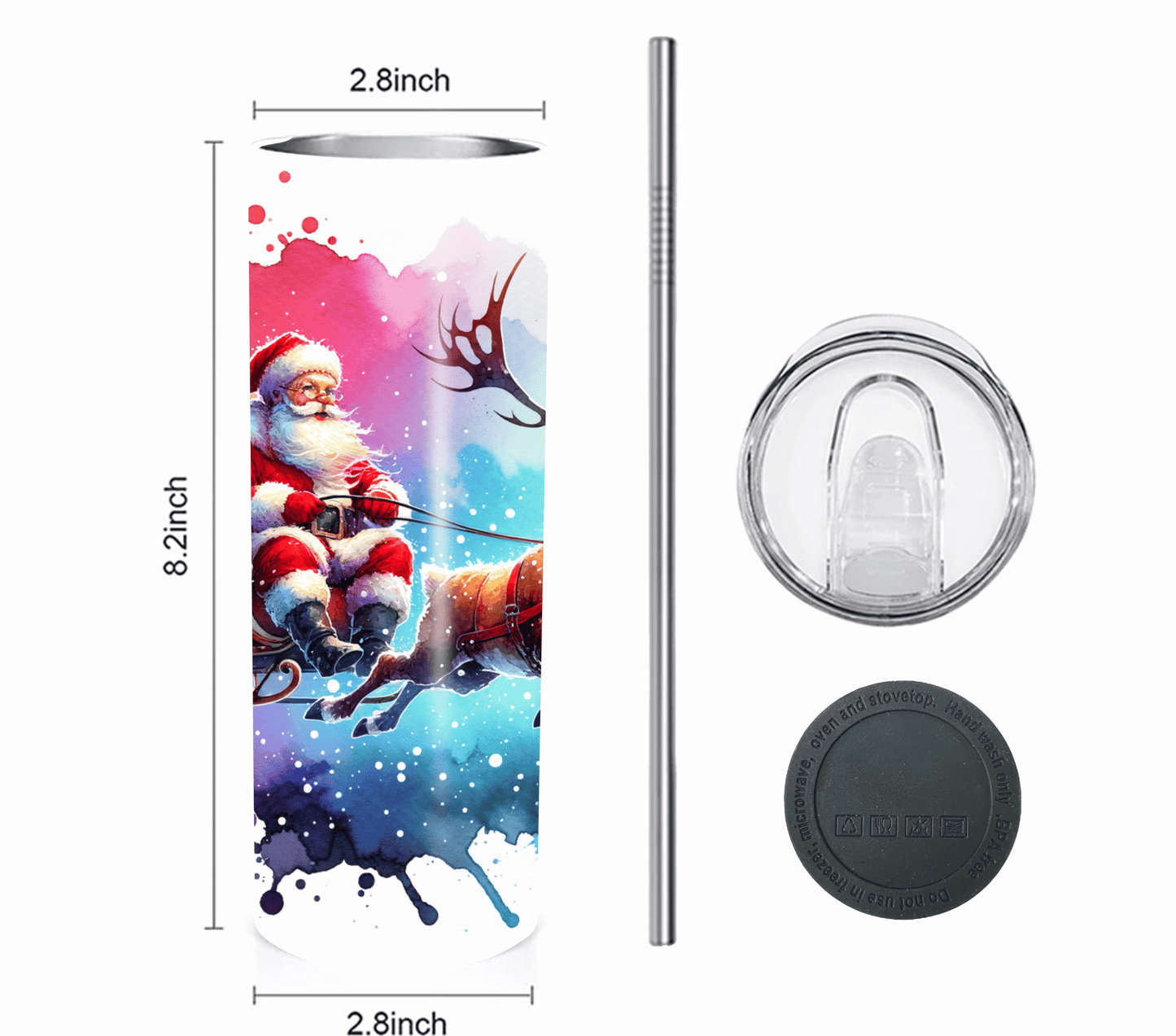 Santa with Sleigh - Christmas 20 oz Skinny Tumbler with Straw - Stainless Steel, Eco-Friendly, Reusable Metal Straw - Lid Drink Drinkware Water Bottles