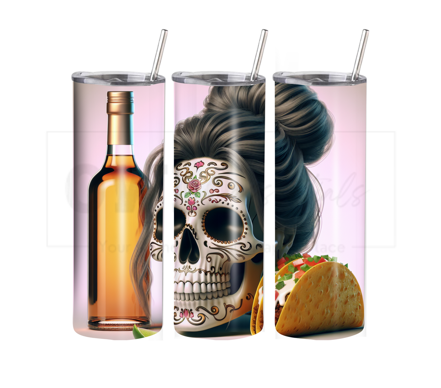 Tacos & Tequila 20 oz Skinny Tumbler with Straw - Stainless Steel, Eco-Friendly, Reusable Metal Straw - Lid Drink Drinkware Water Bottles