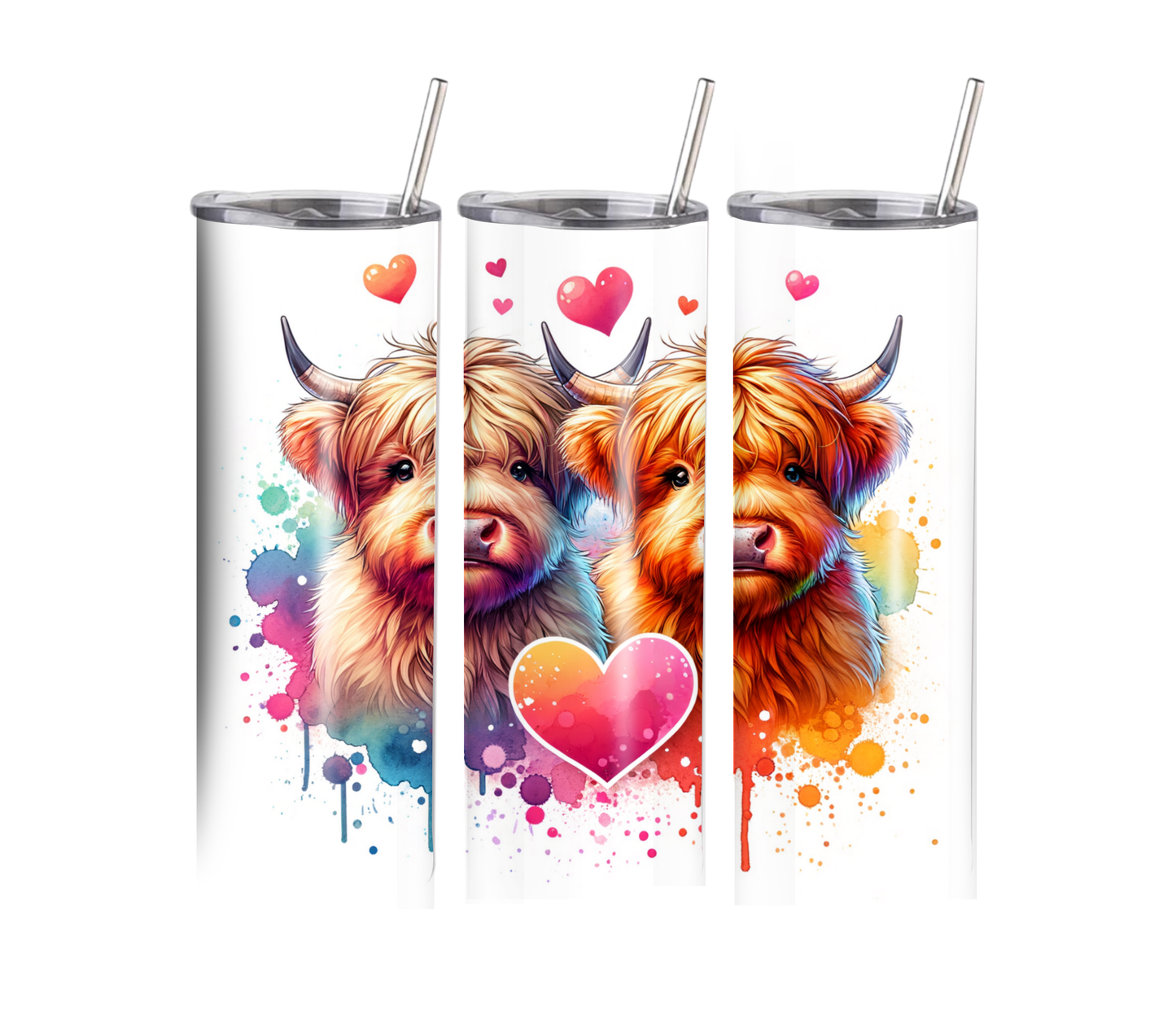 Cute Highland Cow - Valentines Day - 20 oz Skinny Tumbler with Straw - Stainless Steel, Eco-Friendly, Reusable Metal Straw - Lid Drink Drinkware Water Bottles