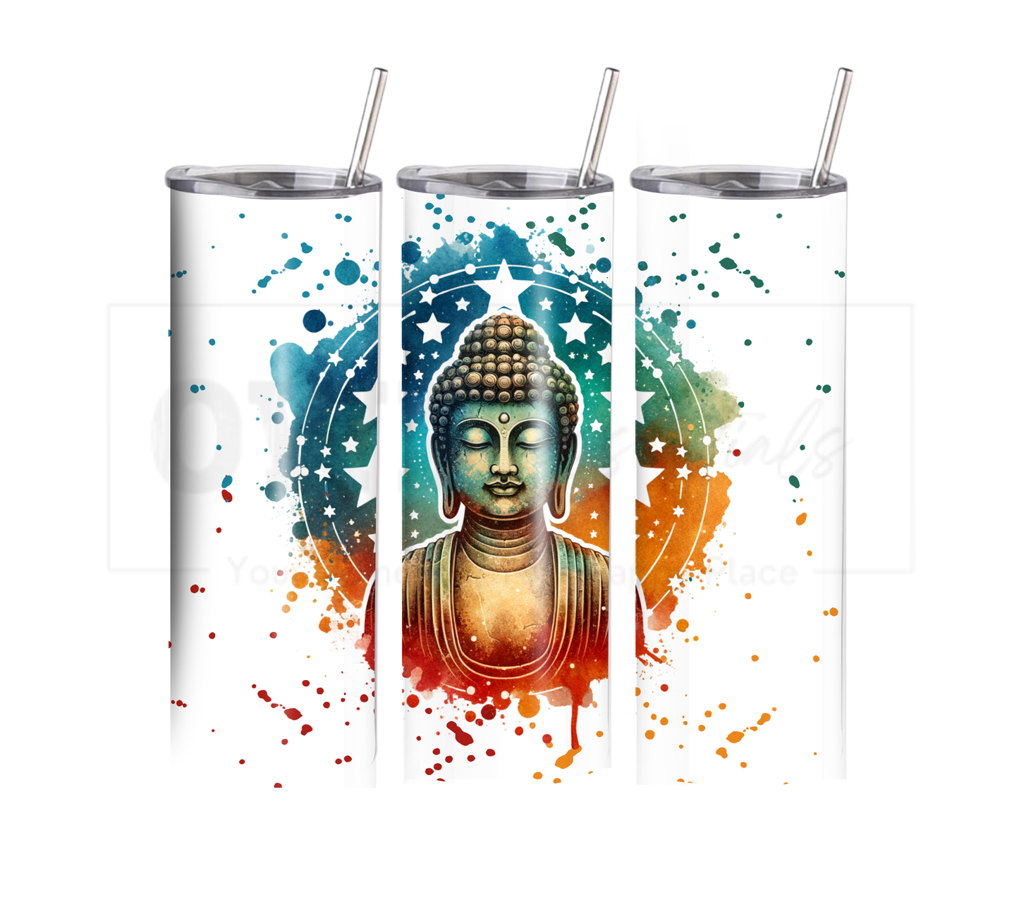 Buddha with Stars 20 oz Skinny Tumbler with Straw - Stainless Steel, Eco-Friendly, Reusable Metal Straw - Lid Drink Drinkware Water Bottles