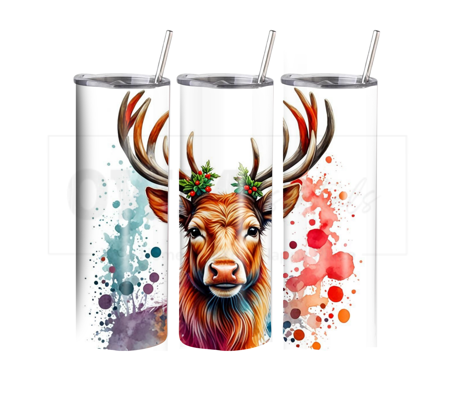 Reindeer - Christmas 20 oz Skinny Tumbler with Straw - Stainless Steel, Eco-Friendly, Reusable Metal Straw - Lid Drink Drinkware Water Bottles