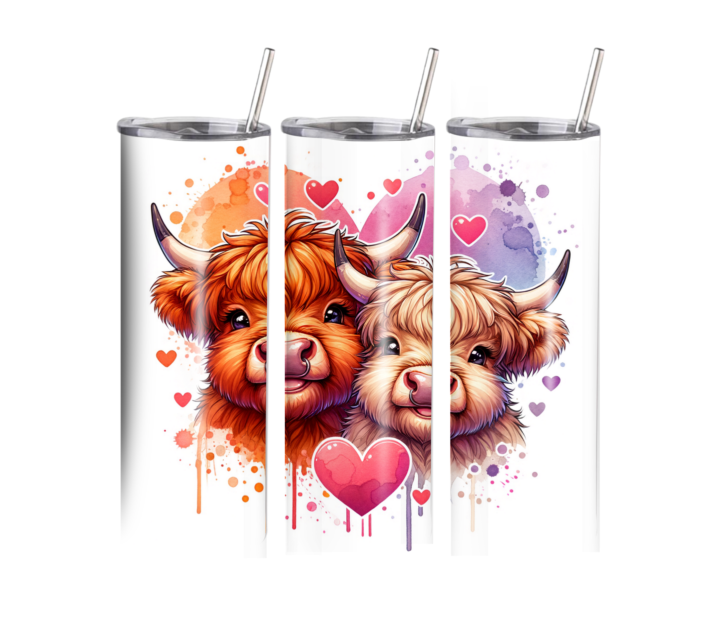 Cute Highland Cow - Valentines Day - 20 oz Skinny Tumbler with Straw - Stainless Steel, Eco-Friendly, Reusable Metal Straw - Lid Drink Drinkware Water Bottles