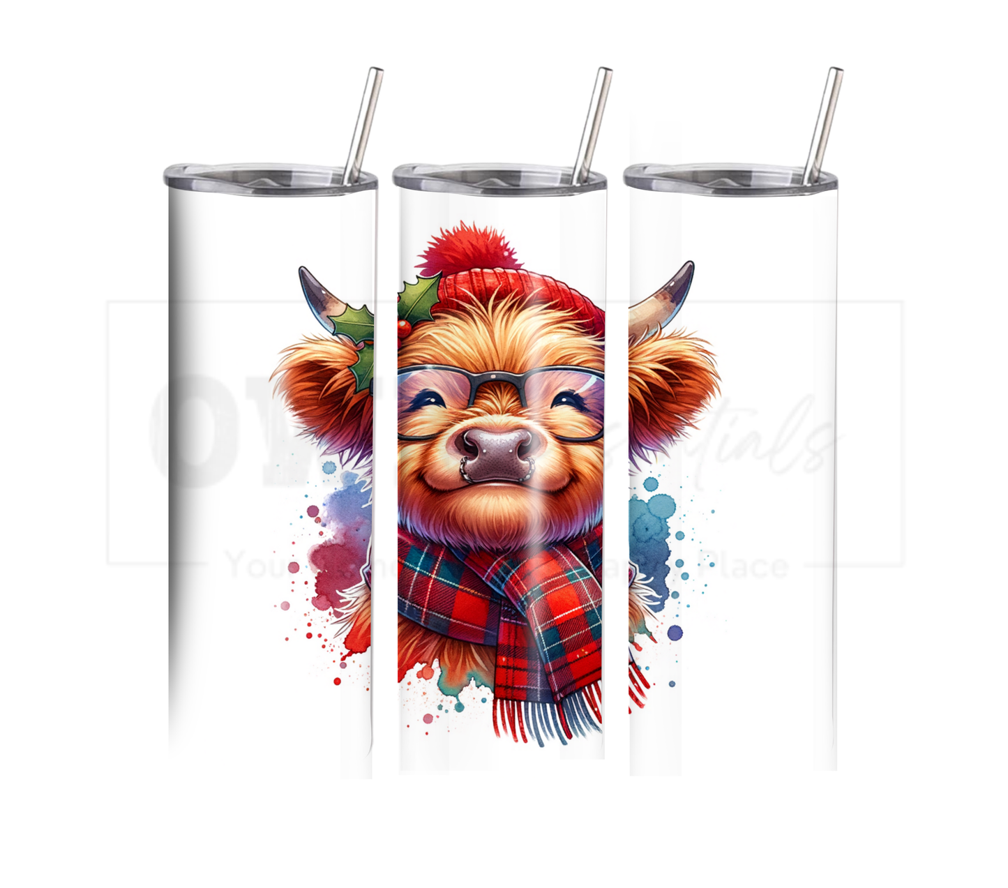 Highland Cow - Christmas 20 oz Skinny Tumbler with Straw - Stainless Steel, Eco-Friendly, Reusable Metal Straw - Lid Drink Drinkware Water Bottles