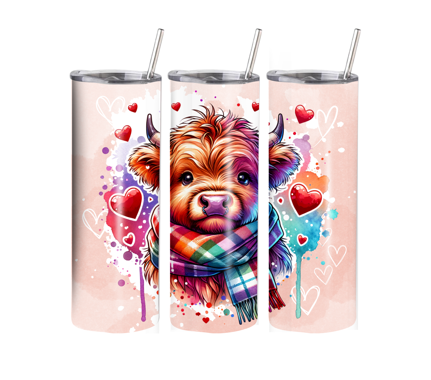 Cute Highland Cow - Valentines Day - 20 oz Skinny Tumbler with Straw - Stainless Steel, Eco-Friendly, Reusable Metal Straw - Lid Drink Drinkware Water Bottles