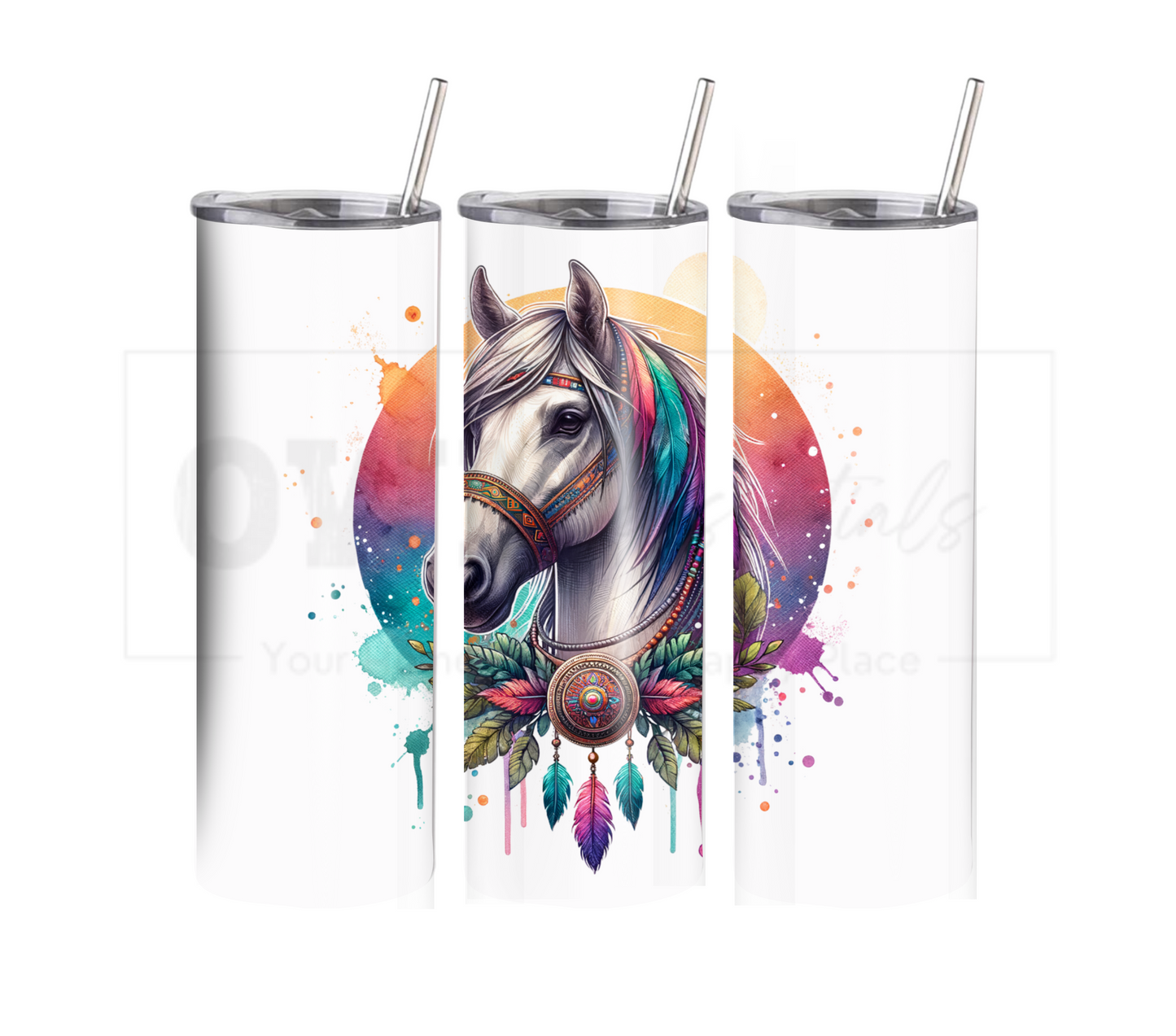 Boho Horse 20 oz Skinny Tumbler with Straw - Stainless Steel, Eco-Friendly, Reusable Metal Straw - Lid Drink Drinkware Water Bottles