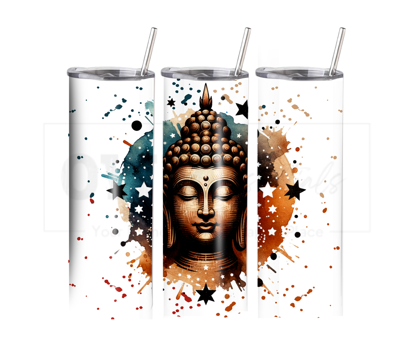 Buddha with Stars 20 oz Skinny Tumbler with Straw - Stainless Steel, Eco-Friendly, Reusable Metal Straw - Lid Drink Drinkware Water Bottles