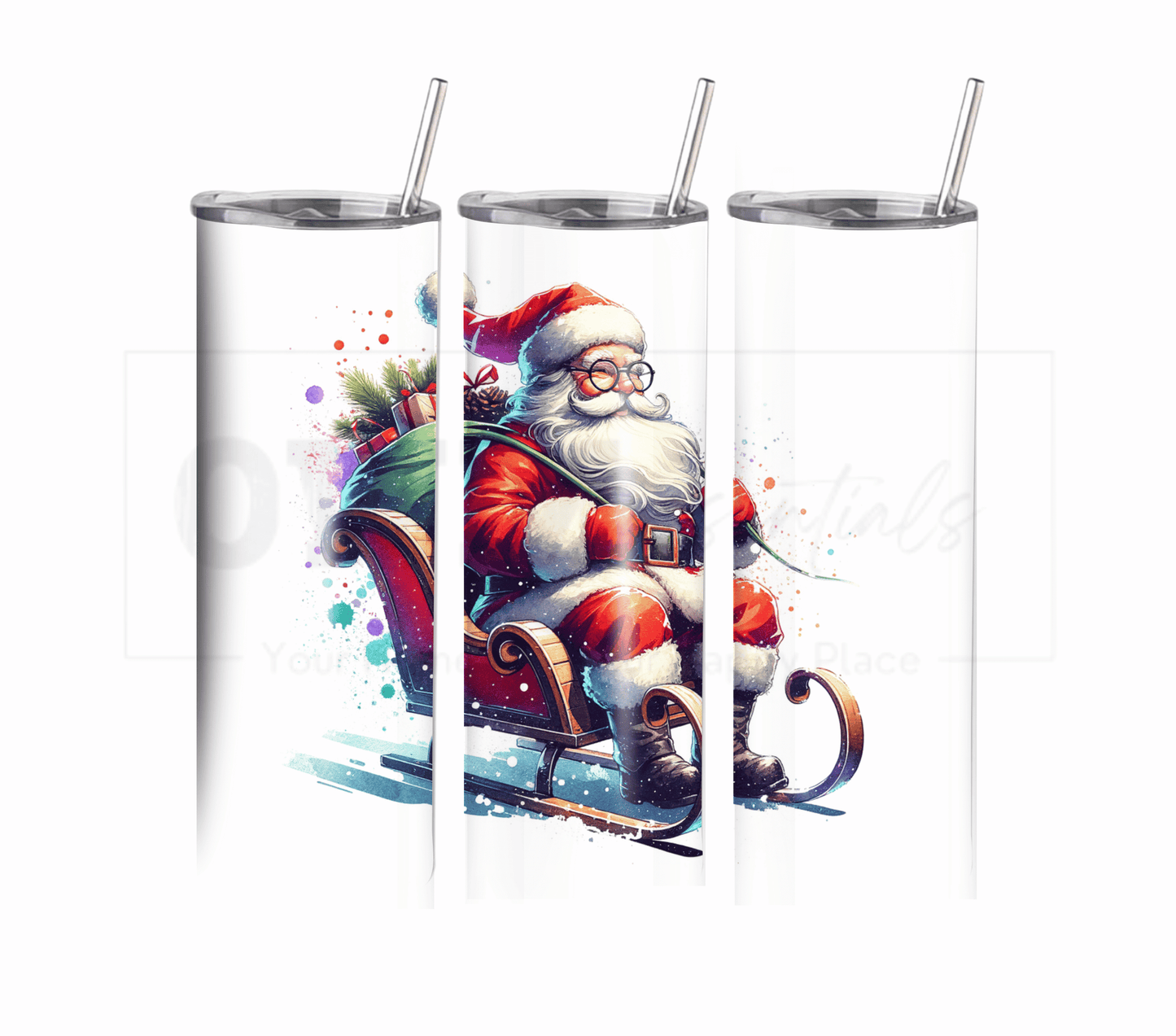 Santa with Sleigh - Christmas 20 oz Skinny Tumbler with Straw - Stainless Steel, Eco-Friendly, Reusable Metal Straw - Lid Drink Drinkware Water Bottles