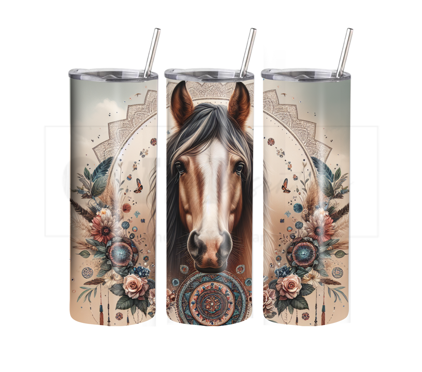 Boho Horse 20 oz Skinny Tumbler with Straw - Stainless Steel, Eco-Friendly, Reusable Metal Straw - Lid Drink Drinkware Water Bottles