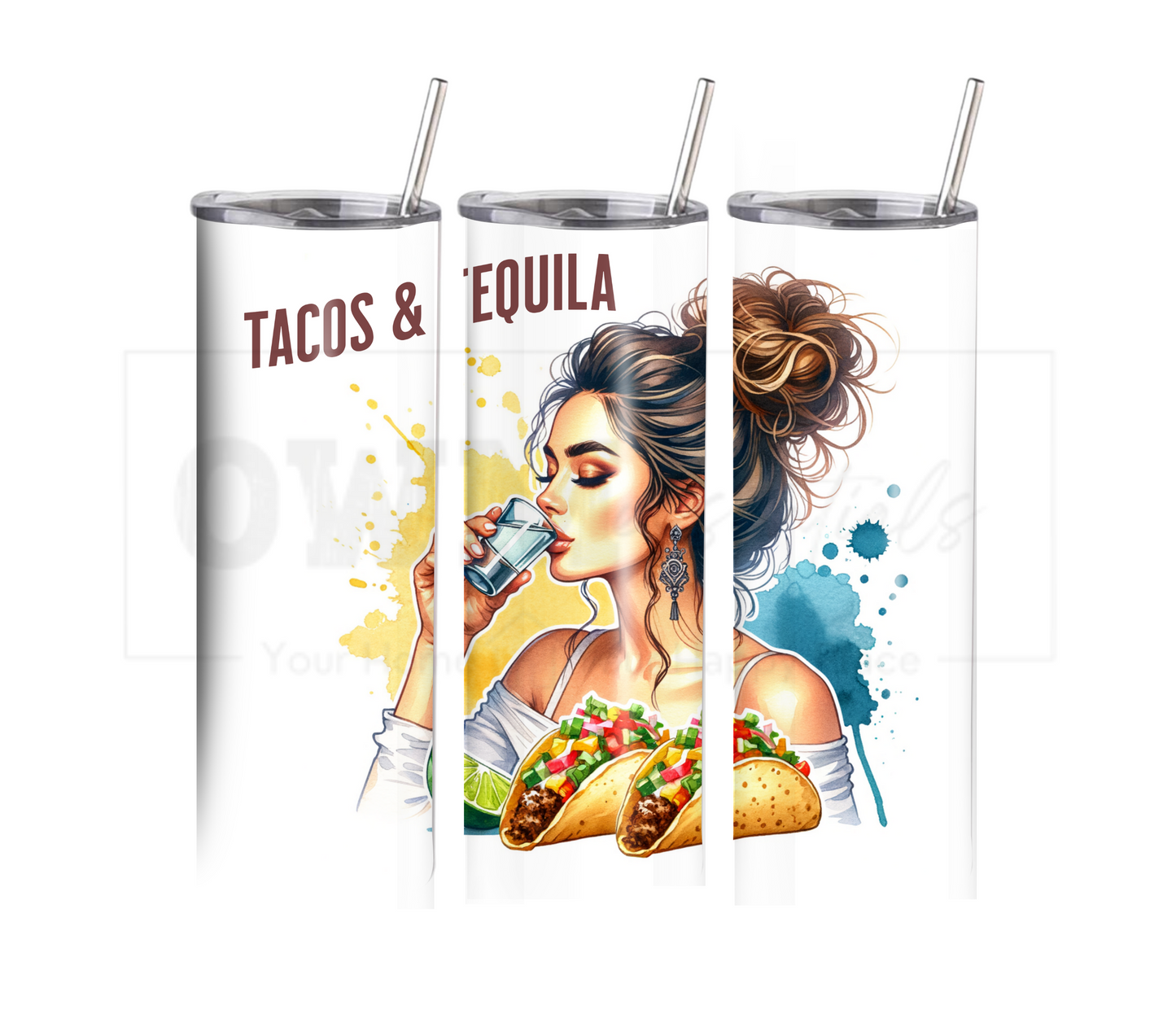 Tacos & Tequila 20 oz Skinny Tumbler with Straw - Stainless Steel, Eco-Friendly, Reusable Metal Straw - Lid Drink Drinkware Water Bottles