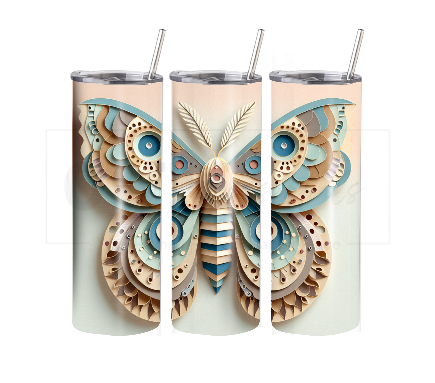 Paper Art Style Moth 20 oz Skinny Tumbler with Straw - Stainless Steel, Eco-Friendly, Reusable Metal Straw - Lid Drink Drinkware Water Bottles