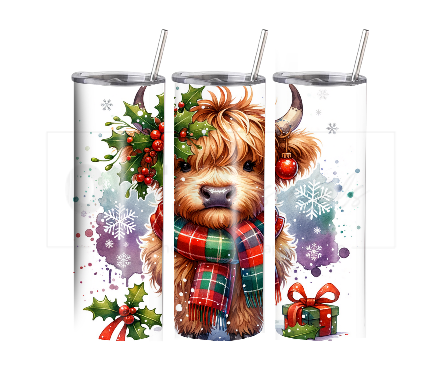 Highland Cow - Christmas 20 oz Skinny Tumbler with Straw - Stainless Steel, Eco-Friendly, Reusable Metal Straw - Lid Drink Drinkware Water Bottles