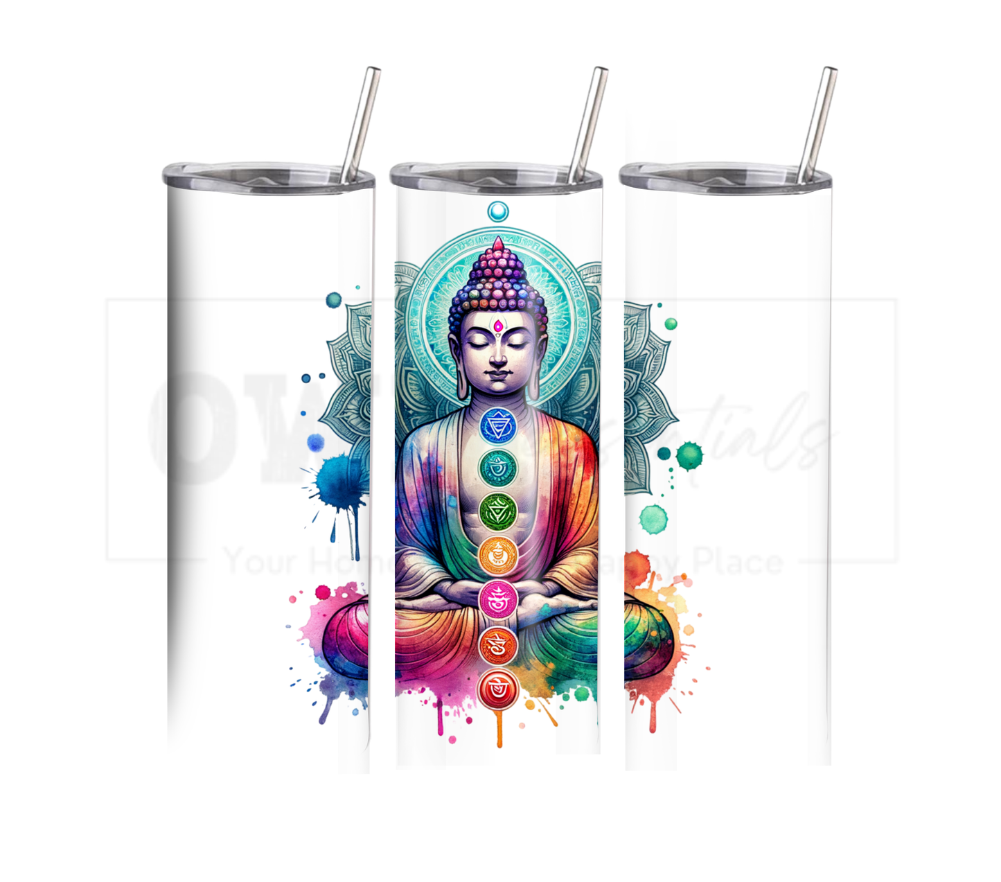 Buddha with Chakras 20 oz Skinny Tumbler with Straw - Stainless Steel, Eco-Friendly, Reusable Metal Straw - Lid Drink Drinkware Water Bottles