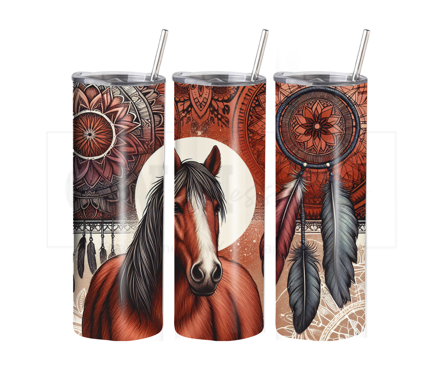 Boho Horse 20 oz Skinny Tumbler with Straw - Stainless Steel, Eco-Friendly, Reusable Metal Straw - Lid Drink Drinkware Water Bottles