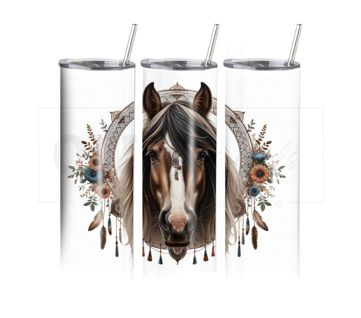 Boho Horse 20 oz Skinny Tumbler with Straw - Stainless Steel, Eco-Friendly, Reusable Metal Straw - Lid Drink Drinkware Water Bottles