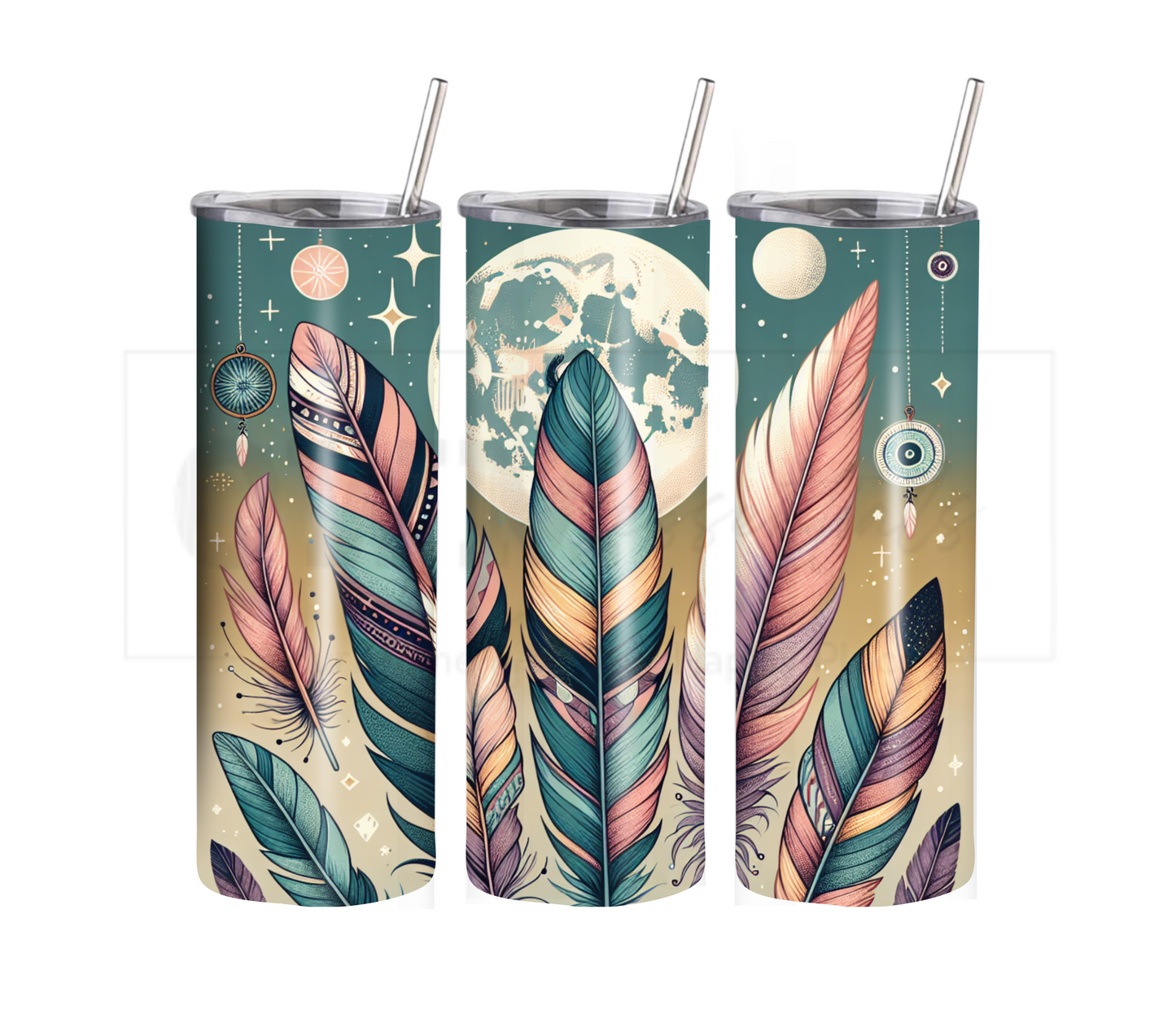 Dreamcatcher 20 oz Skinny Tumbler with Straw - Stainless Steel, Eco-Friendly, Reusable Metal Straw - Lid Drink Drinkware Water Bottles