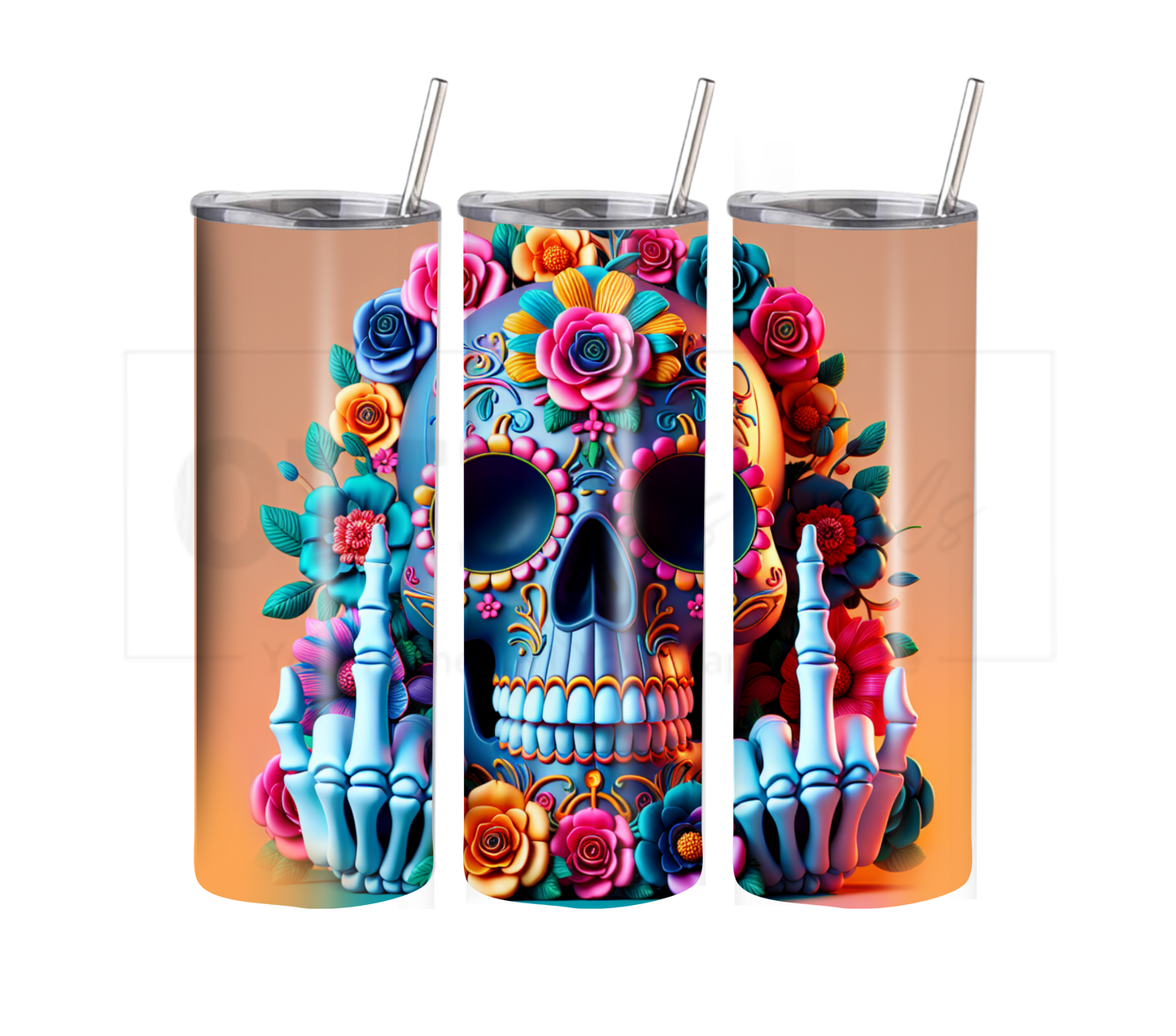 Funny Middle Finger Skull 20 oz Skinny Tumbler with Straw - Stainless Steel, Eco-Friendly, Reusable Metal Straw - Lid Drink Drinkware Water Bottles