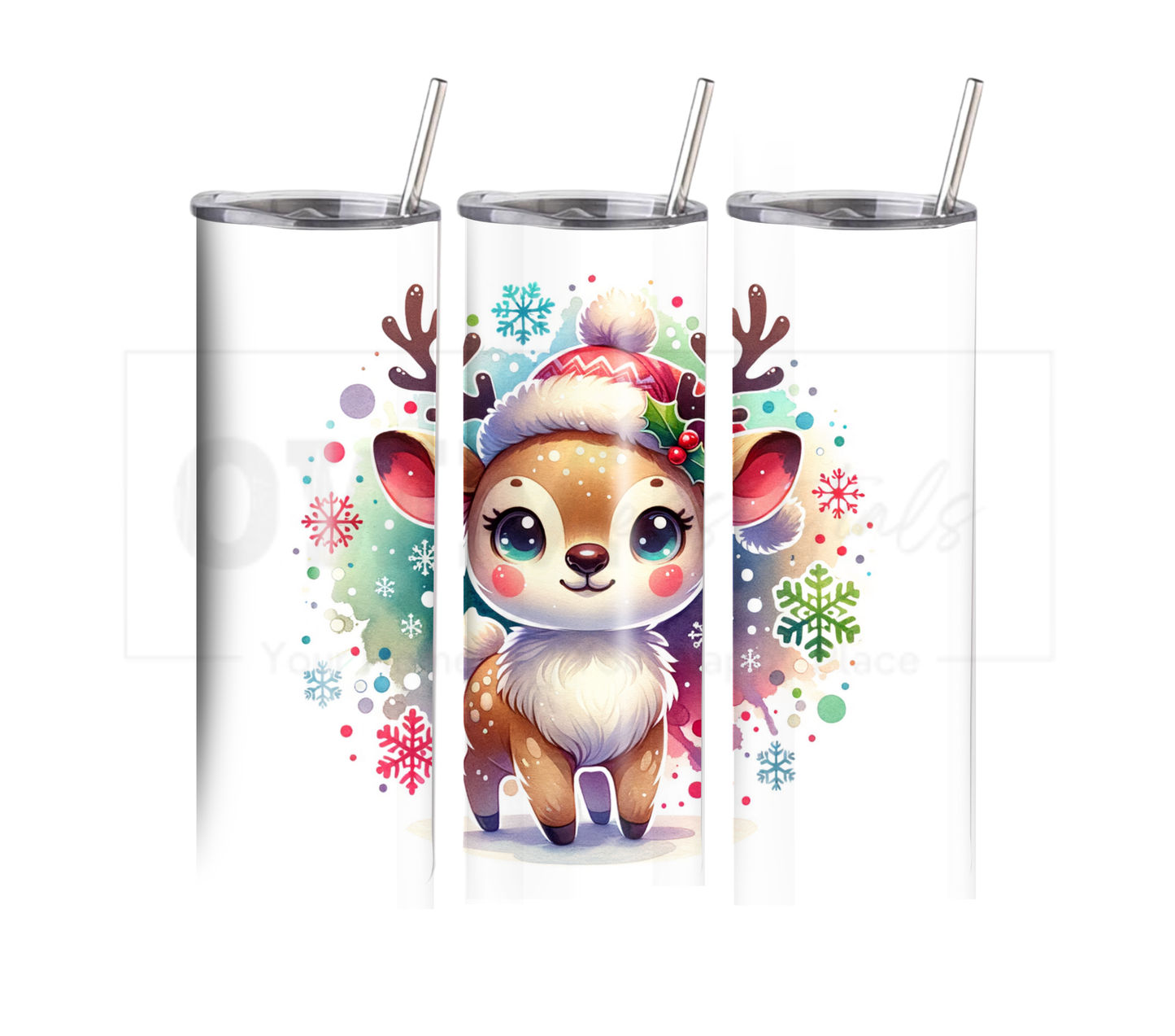 Reindeer - Christmas 20 oz Skinny Tumbler with Straw - Stainless Steel, Eco-Friendly, Reusable Metal Straw - Lid Drink Drinkware Water Bottles