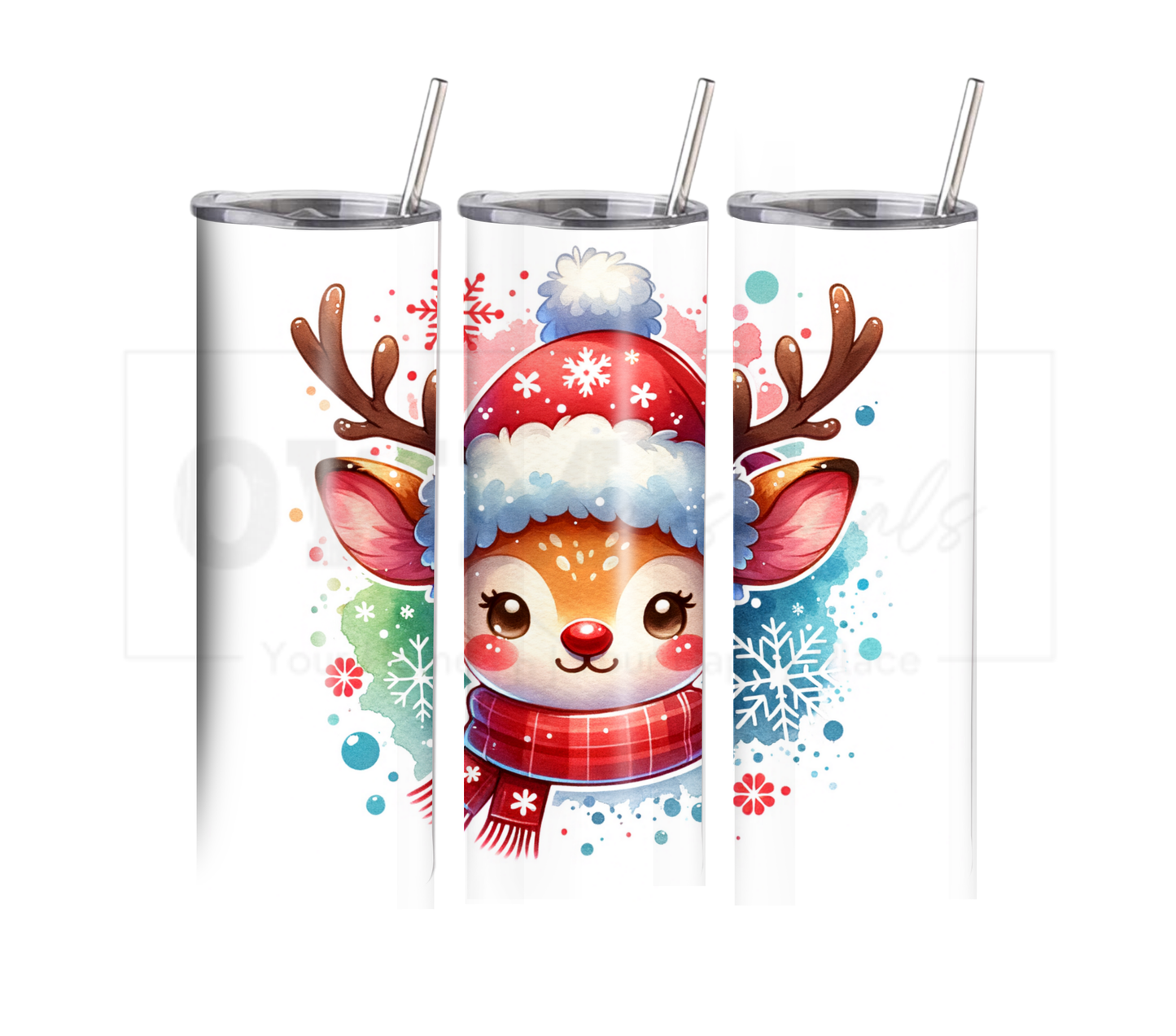 Reindeer - Christmas 20 oz Skinny Tumbler with Straw - Stainless Steel, Eco-Friendly, Reusable Metal Straw - Lid Drink Drinkware Water Bottles