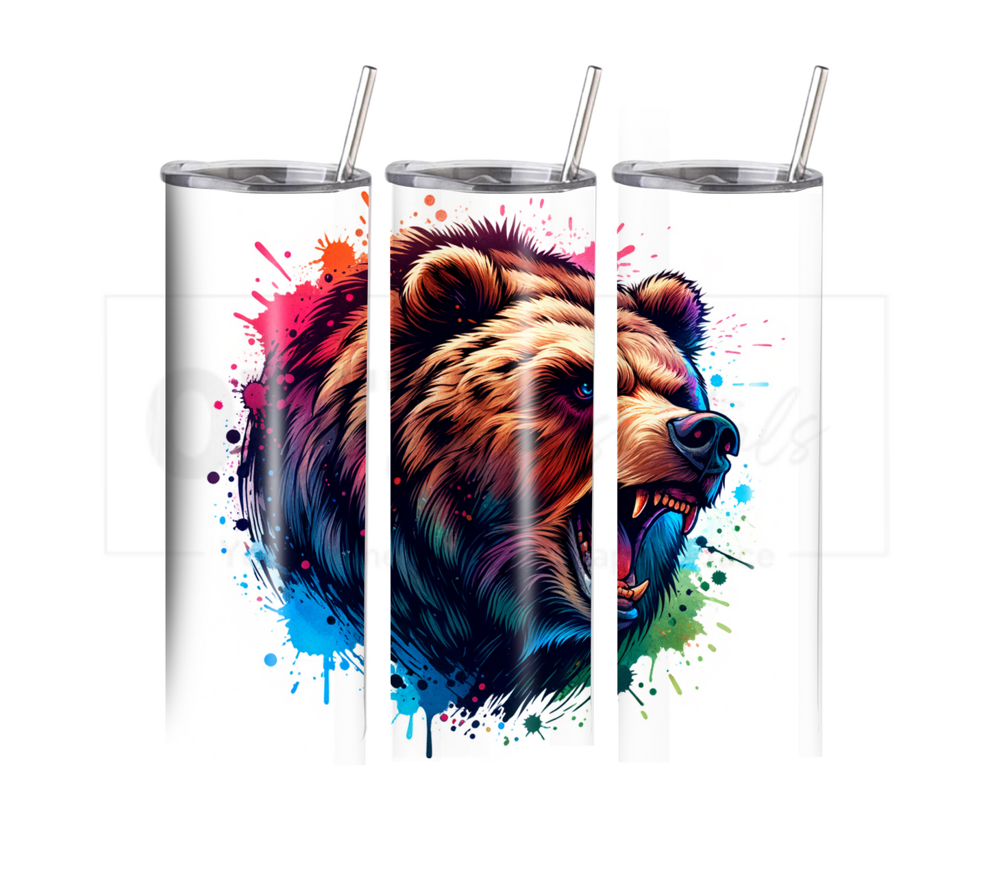 Colorful Bear 20 oz Skinny Tumbler with Straw - Stainless Steel, Eco-Friendly, Reusable Metal Straw - Lid Drink Drinkware Water Bottles