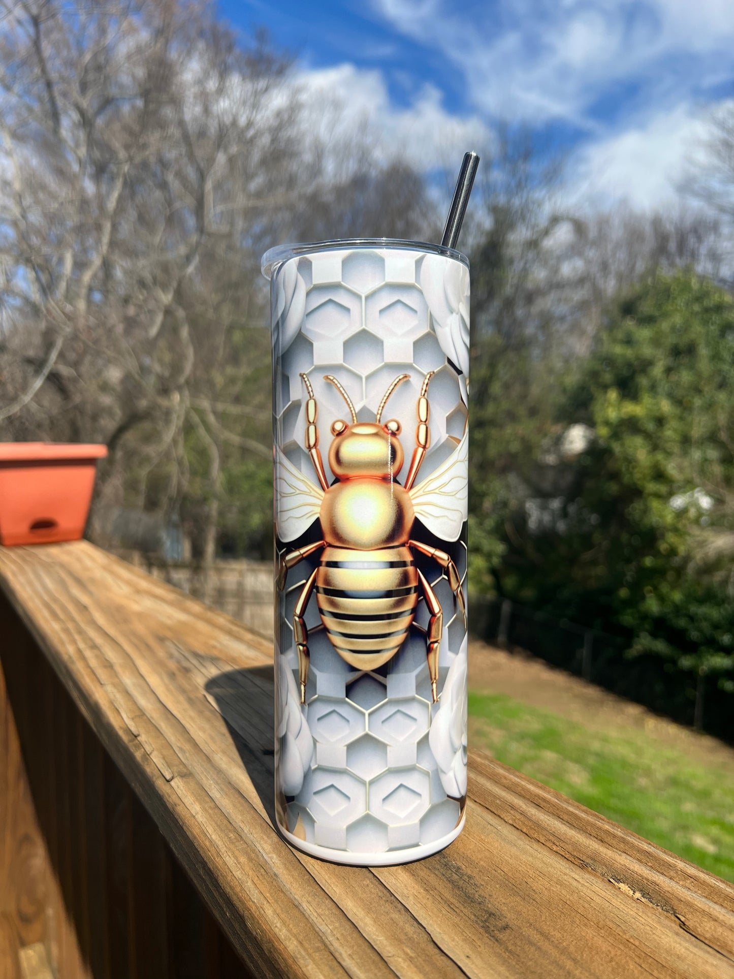 3D Bee with Honeycomb - White/Gold 20 oz Skinny Tumbler with Straw - Stainless Steel, Eco-Friendly, Reusable Metal Straw - Lid Drink Drinkware Water Bottles