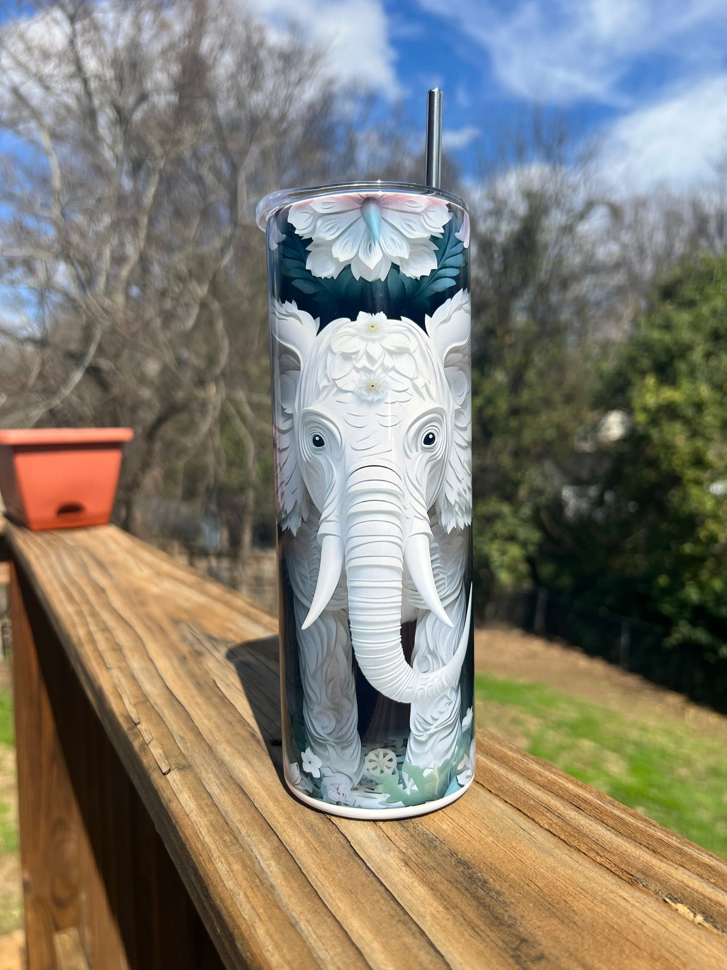 Elephant Tumbler 20 oz Skinny Tumbler with Straw - Stainless Steel, Eco-Friendly, Reusable Metal Straw - Lid Drink Drinkware Water Bottles