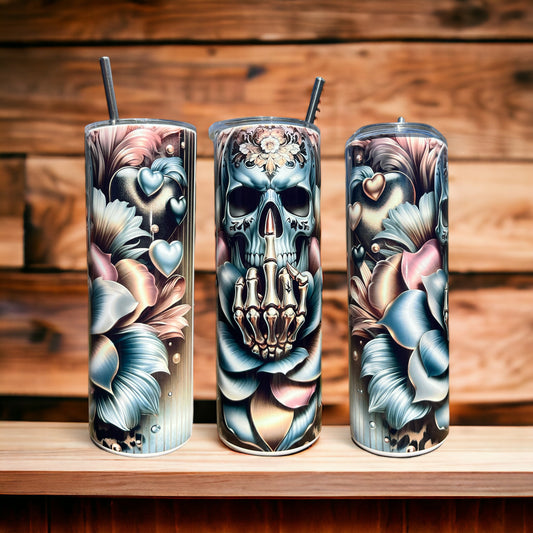 Funny Middle Finger Skull 20 oz Skinny Tumbler with Straw - Stainless Steel, Eco-Friendly, Reusable Metal Straw - Lid Drink Drinkware Water Bottles