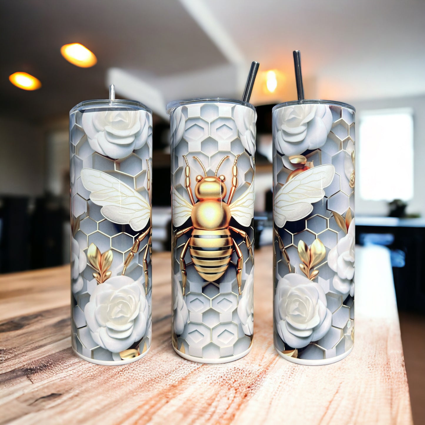 3D Bee with Honeycomb - White/Gold 20 oz Skinny Tumbler with Straw - Stainless Steel, Eco-Friendly, Reusable Metal Straw - Lid Drink Drinkware Water Bottles