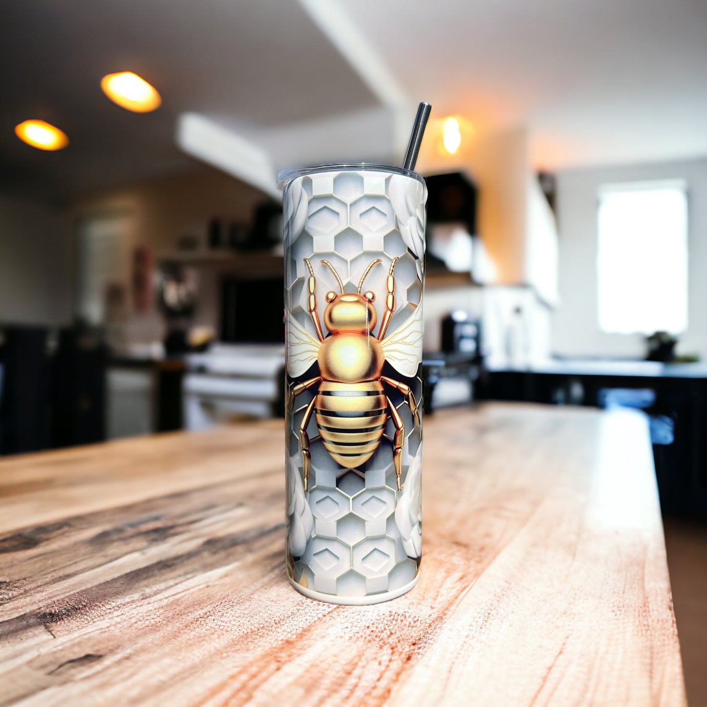 3D Bee with Honeycomb - White/Gold 20 oz Skinny Tumbler with Straw - Stainless Steel, Eco-Friendly, Reusable Metal Straw - Lid Drink Drinkware Water Bottles